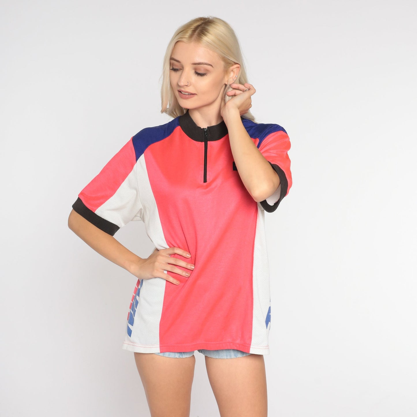 Nike 90s Cycling Jersey Graphic Tee Pink Blue White Extra Large XL