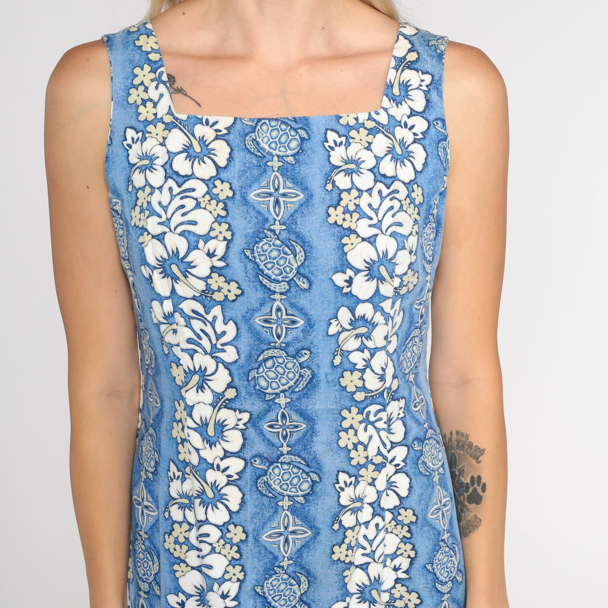 90s Blue Hawaiian Turtle Floral Midi Dress Sleeveless Extra Small XS