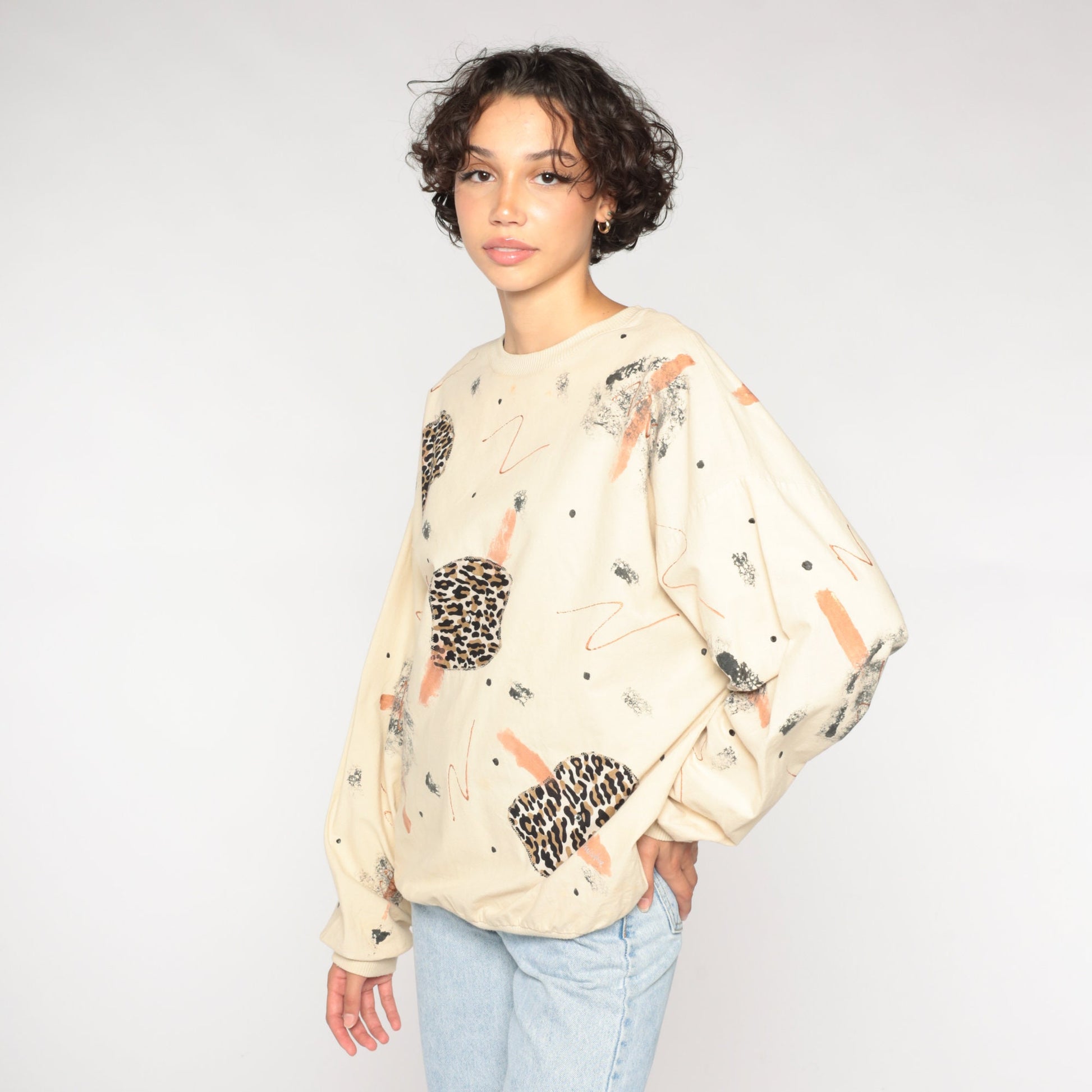 80s Animal Print Abstract Brushstroke Long Sleeve Shirt Cream Cotton Large