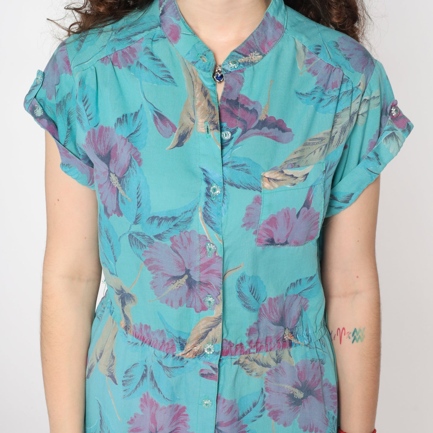 80s Floral Midi Shirtdress Blue Flower Print Button-Up High Waist Medium