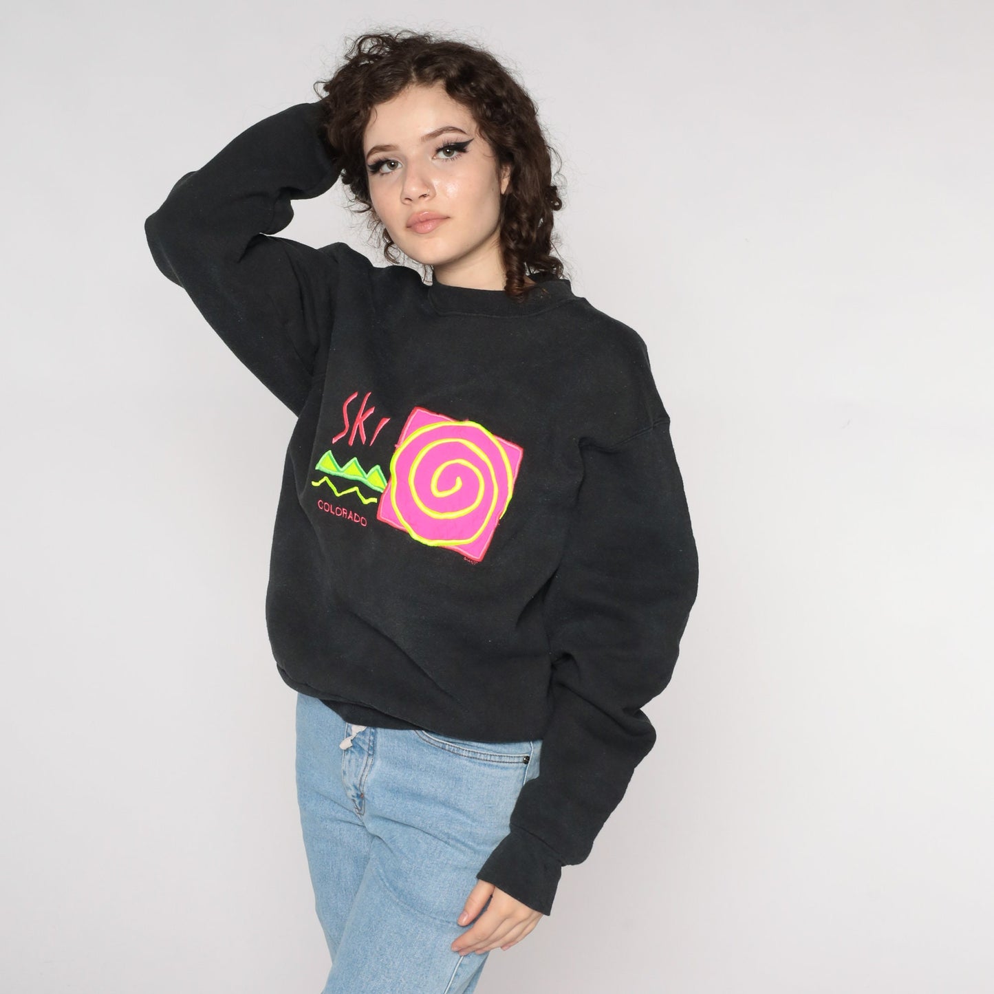 90s Ski Colorado Neon Graphic Sweatshirt Black Crewneck Medium