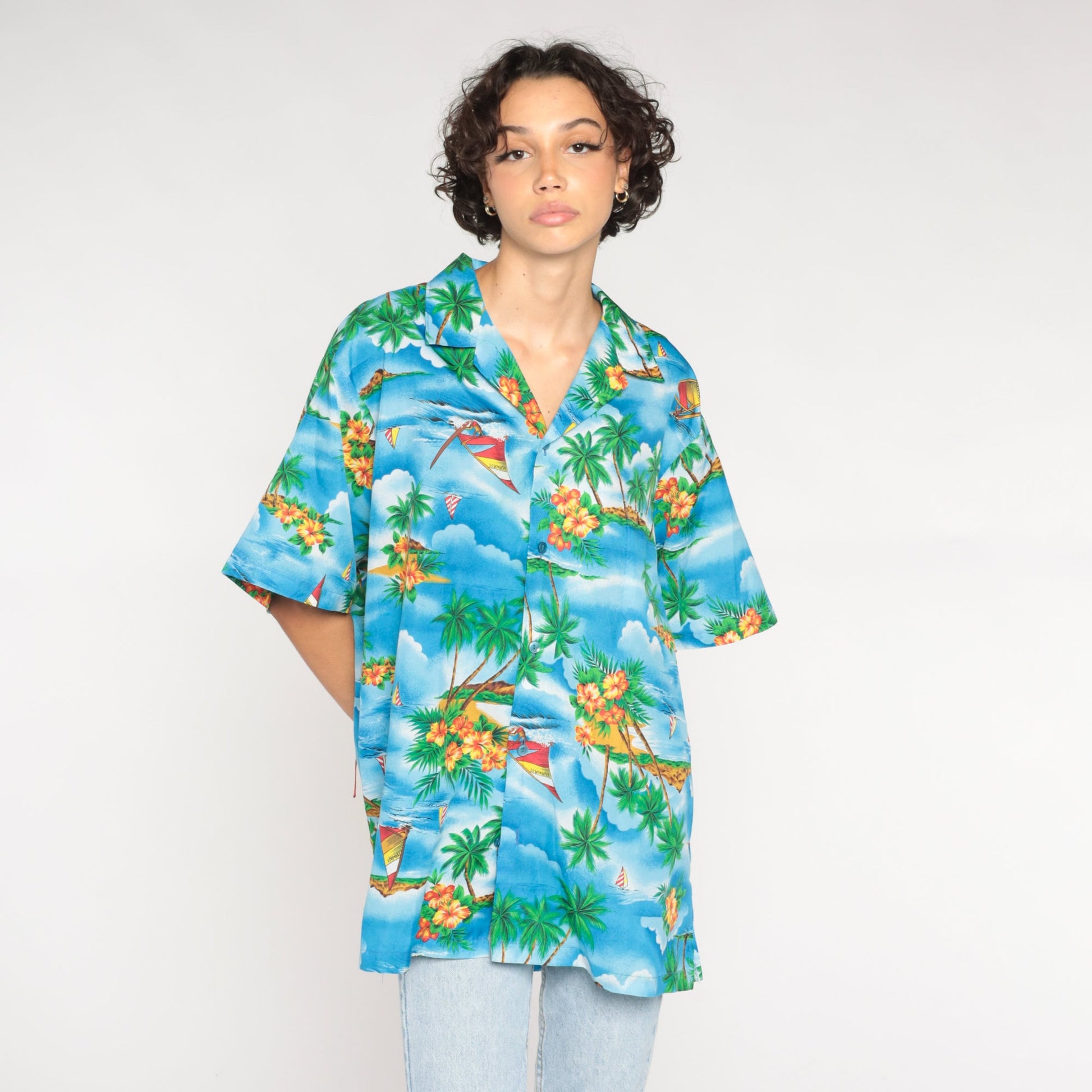 90s Blue Hawaiian Shirt Sailboat Palm Tree Print Button Up Mens XXL