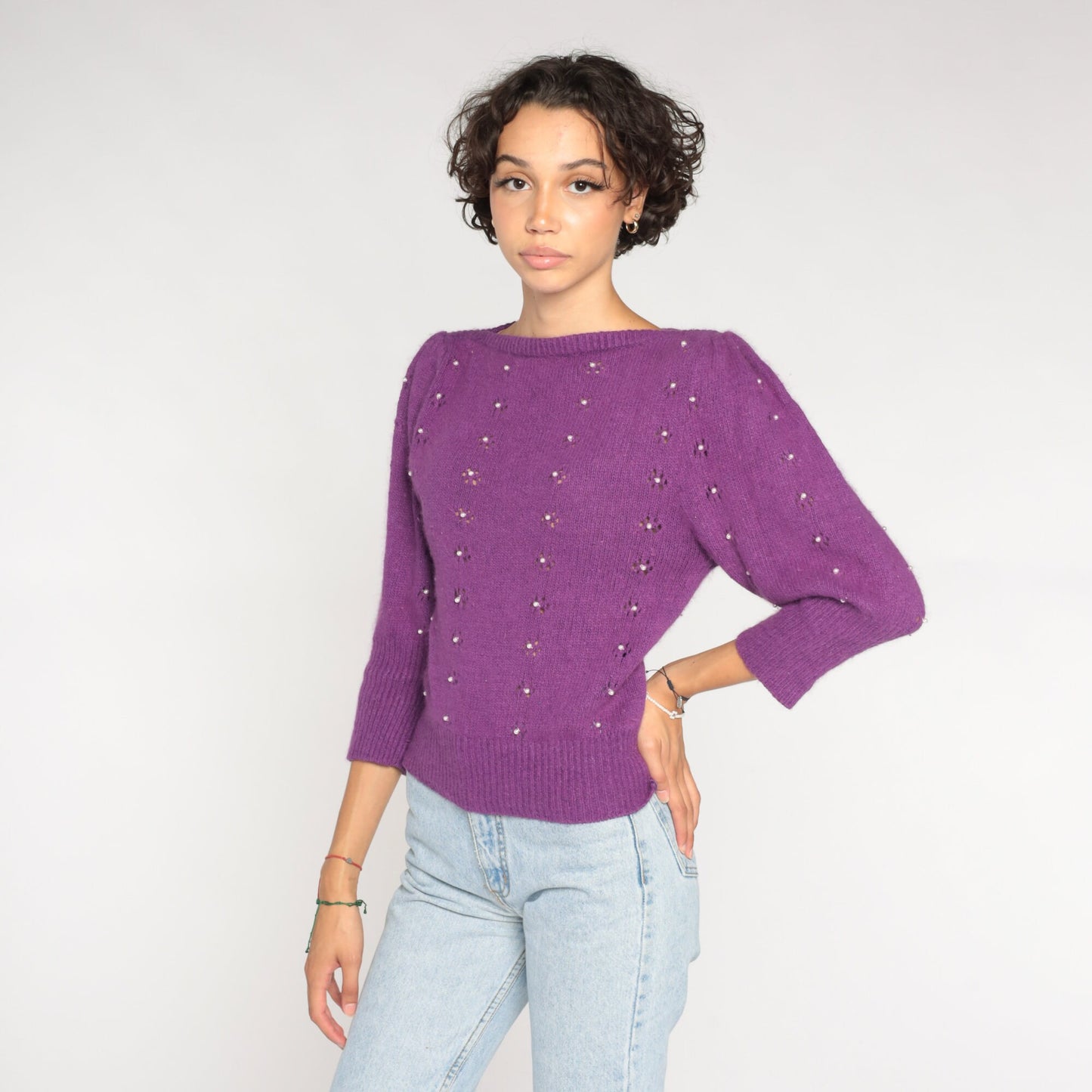 80s Purple Knit Sweater Puff Sleeve Pearl Beaded Cutout Silk Angora Small