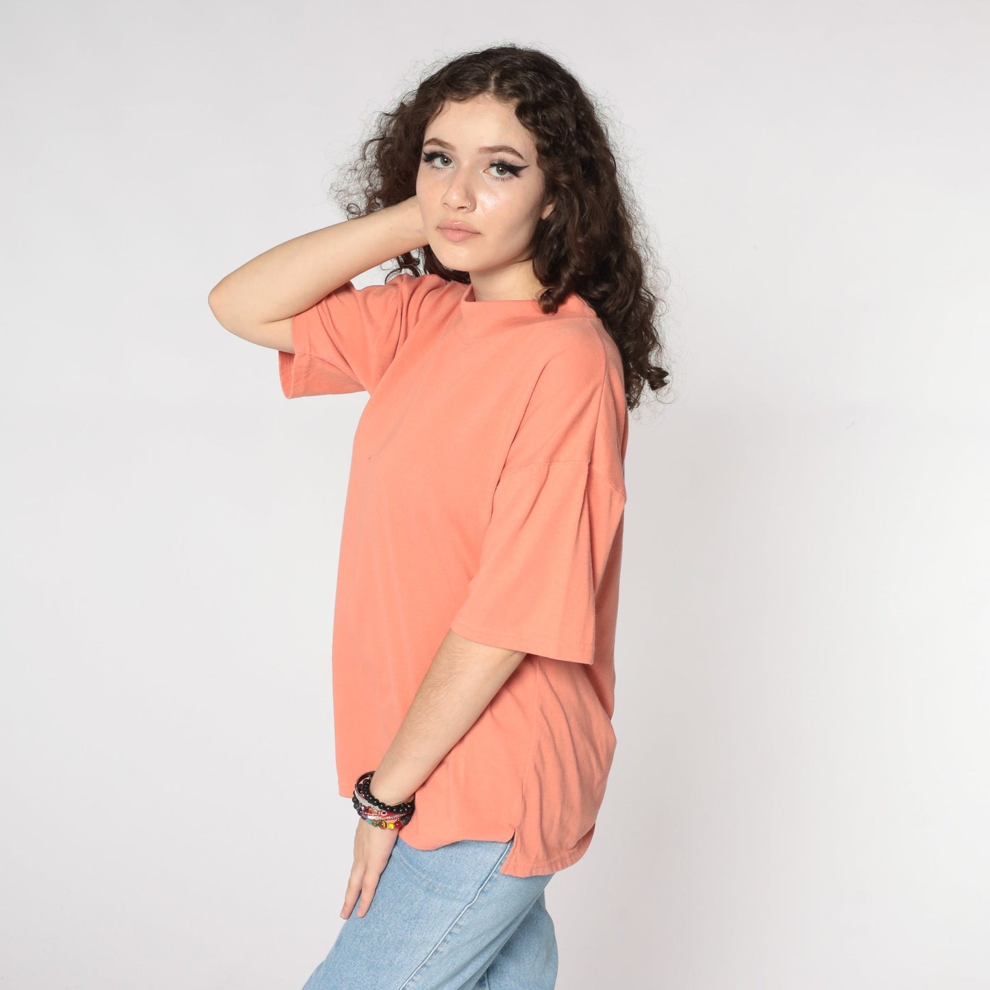 90s Orange Mock Neck T-Shirt Plain Tee Cotton Blend Large L