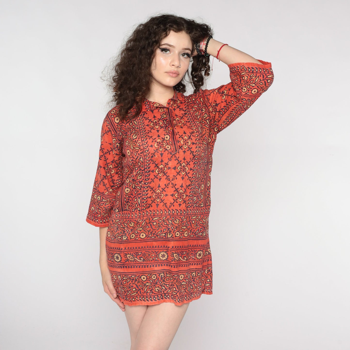 80s Floral Orange Blue Gold Tunic Dress Sheer Button Up Small