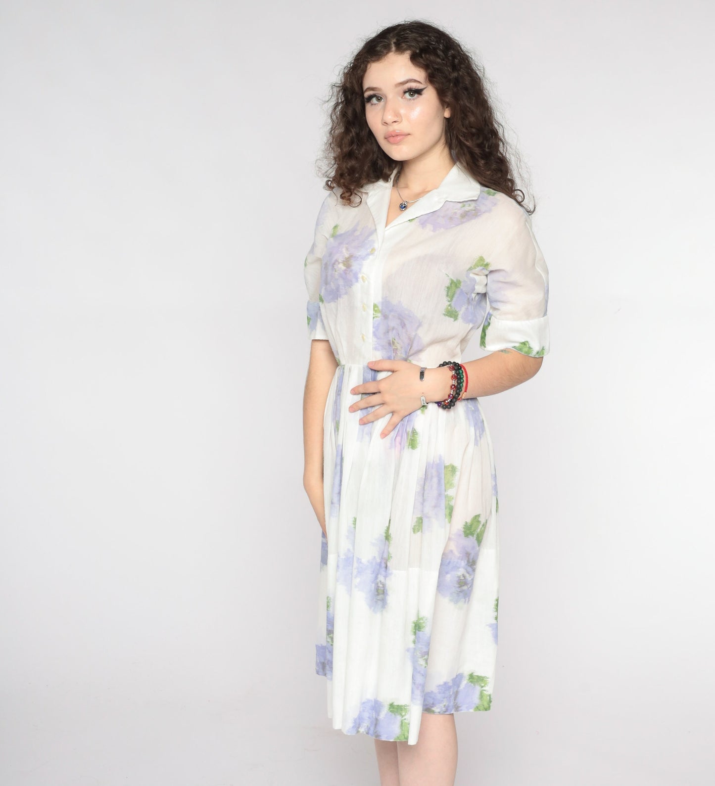 60s Floral Shirtwaist Dress White Lavender Button-Up Midi Small