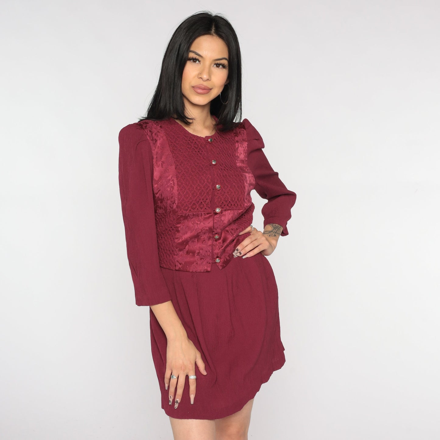 90s Burgundy Brocade Floral Mini Dress Puff Sleeve Button Front Medium M