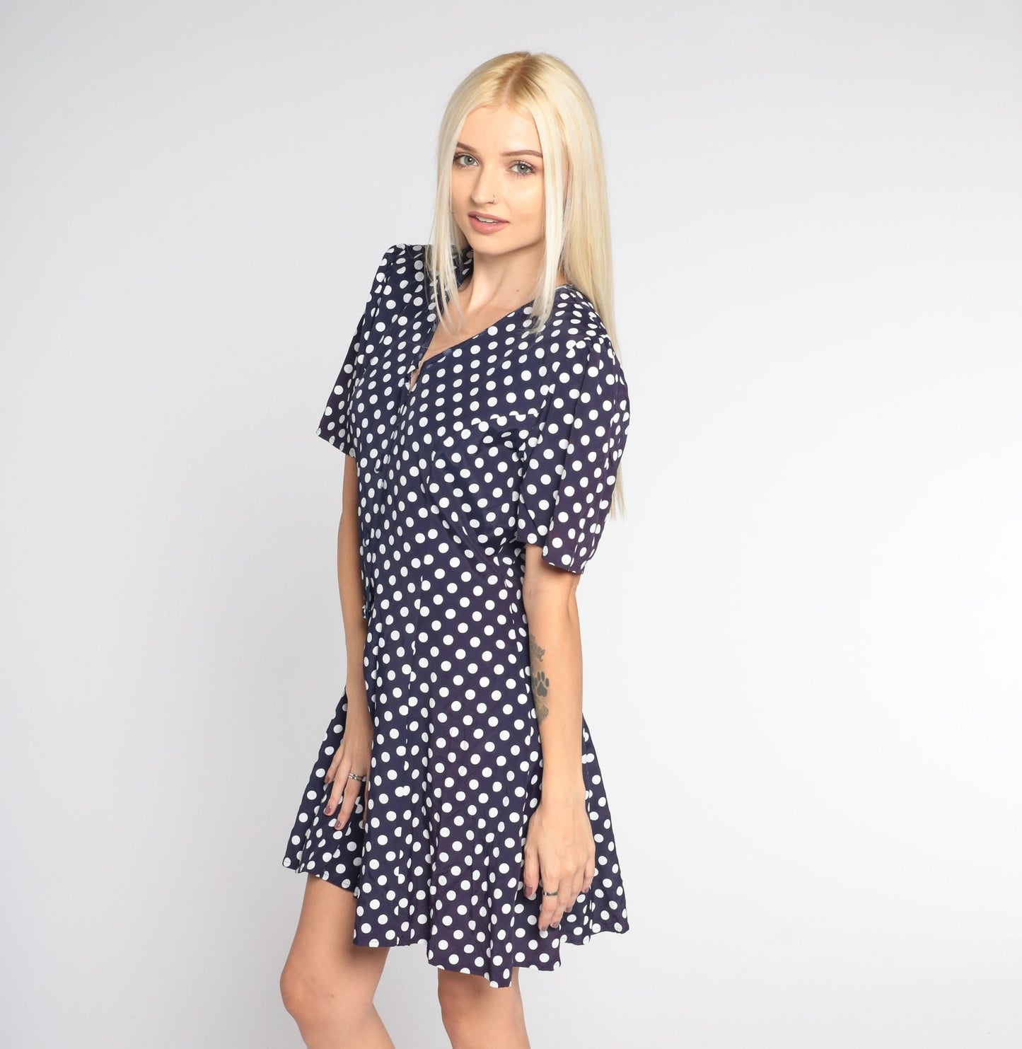 90s Navy Polka Dot Romper White Print Button-Up Short Sleeve Wide Leg Medium M