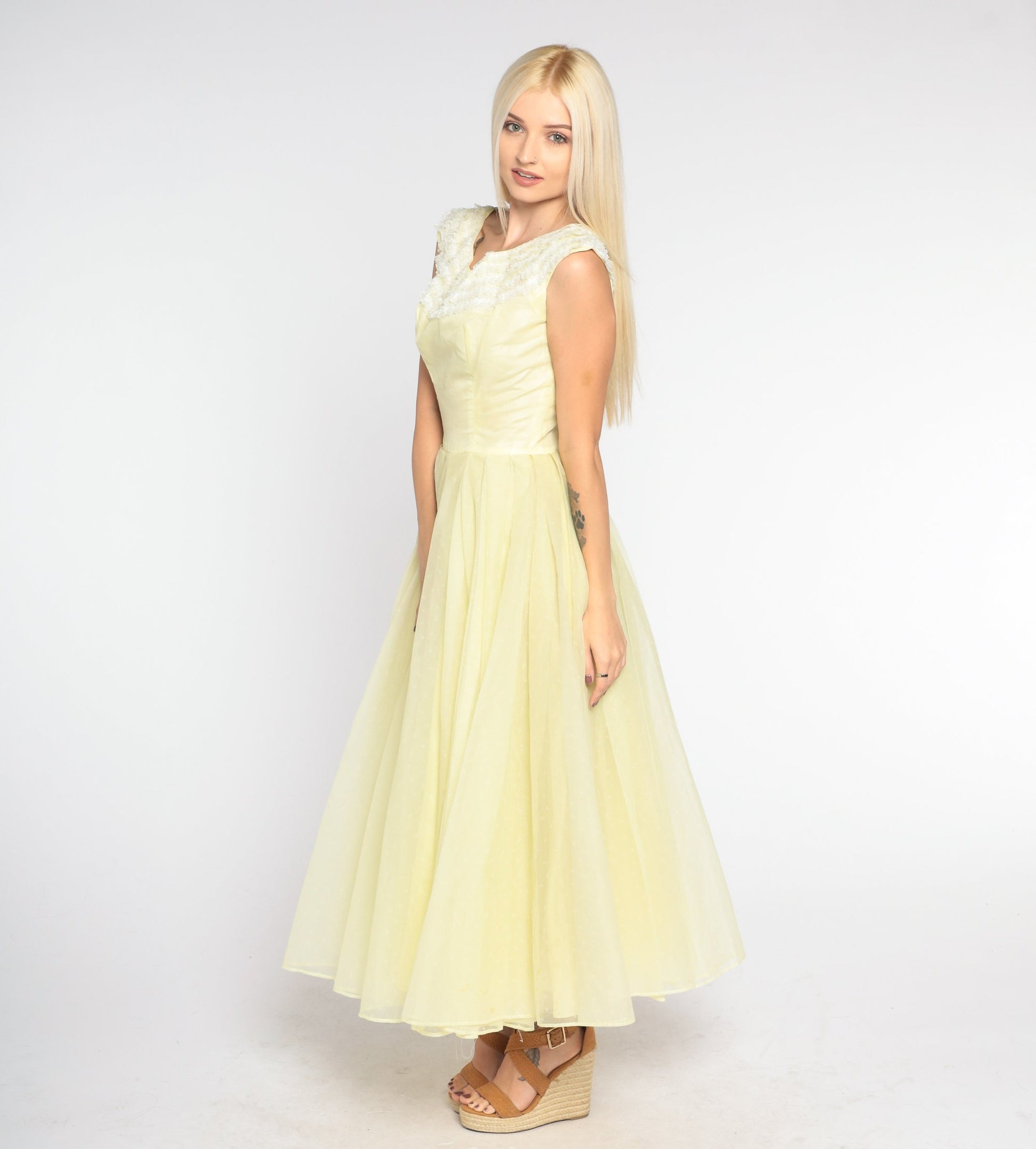 60s Yellow Chiffon Maxi Dress Lace Trim High Waist Full Skirt Extra Small