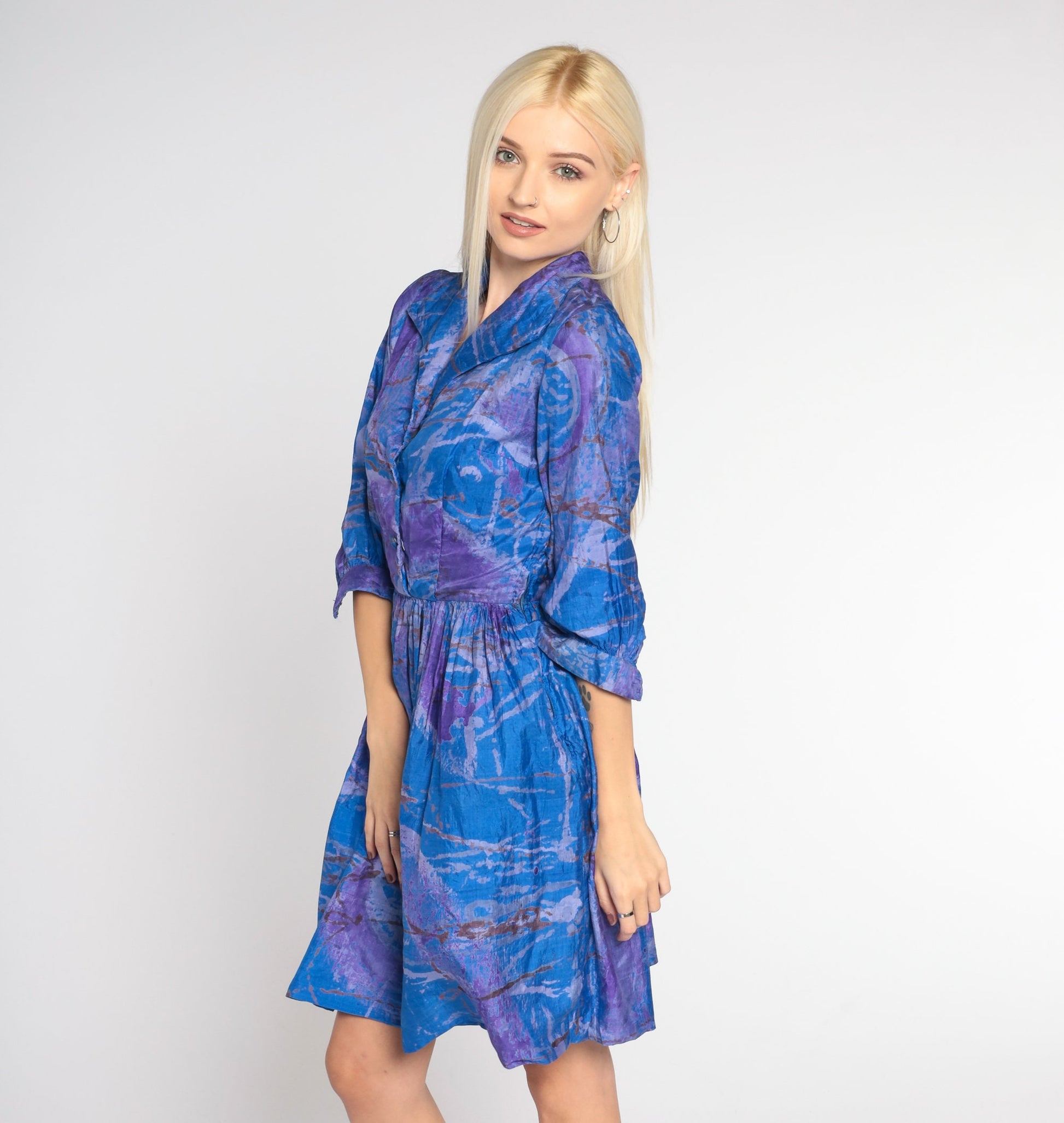 60s Blue Purple Silk Marble Mini Dress Collared Button-Up Shirtwaist Extra Small