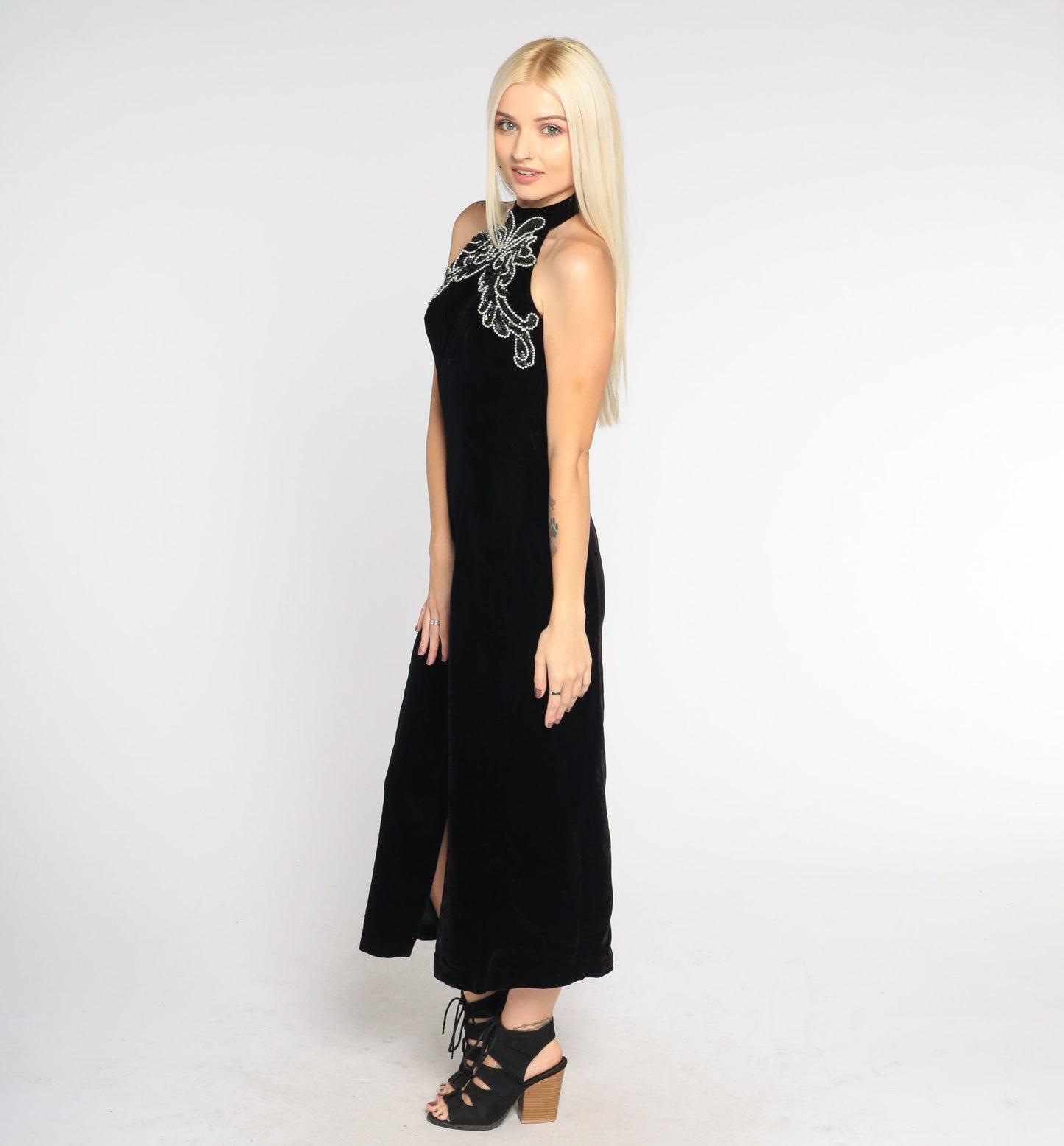 90s Black Velvet Midi Dress Beaded Halter Bodycon Open Back Extra Small