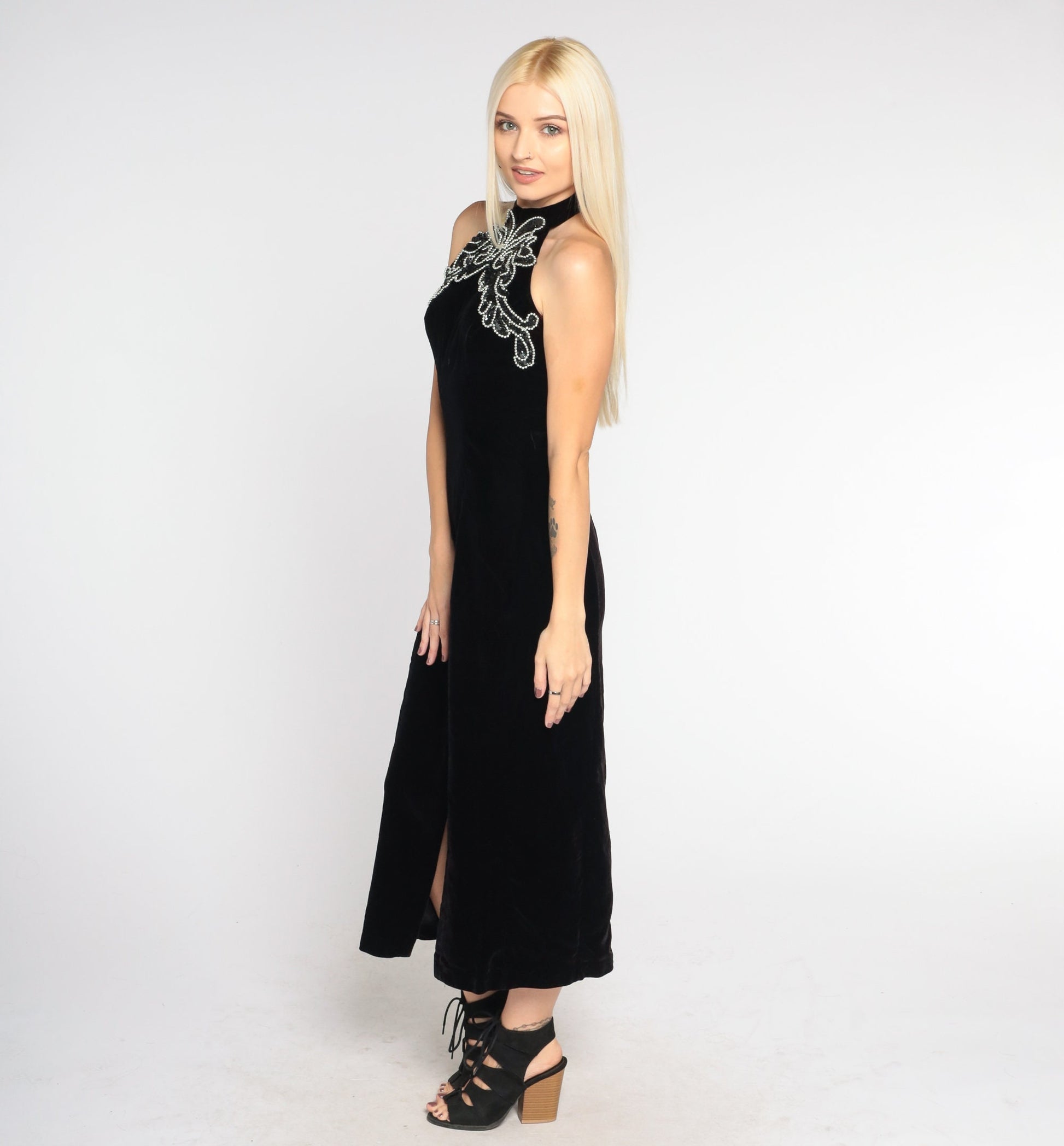 90s Black Velvet Midi Dress Beaded Halter Bodycon Open Back Extra Small