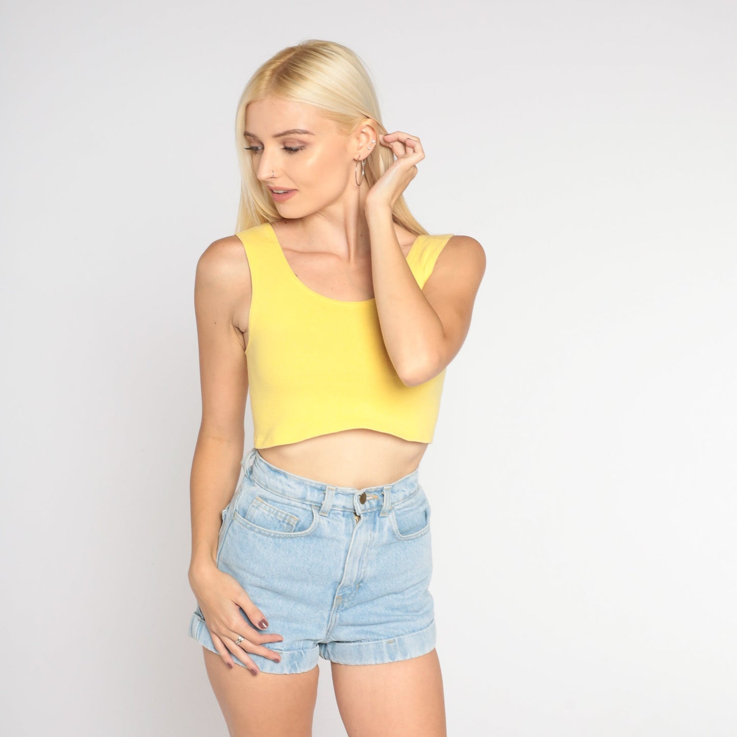 90s Yellow Ribbed Crop Tank Top Sleeveless Small