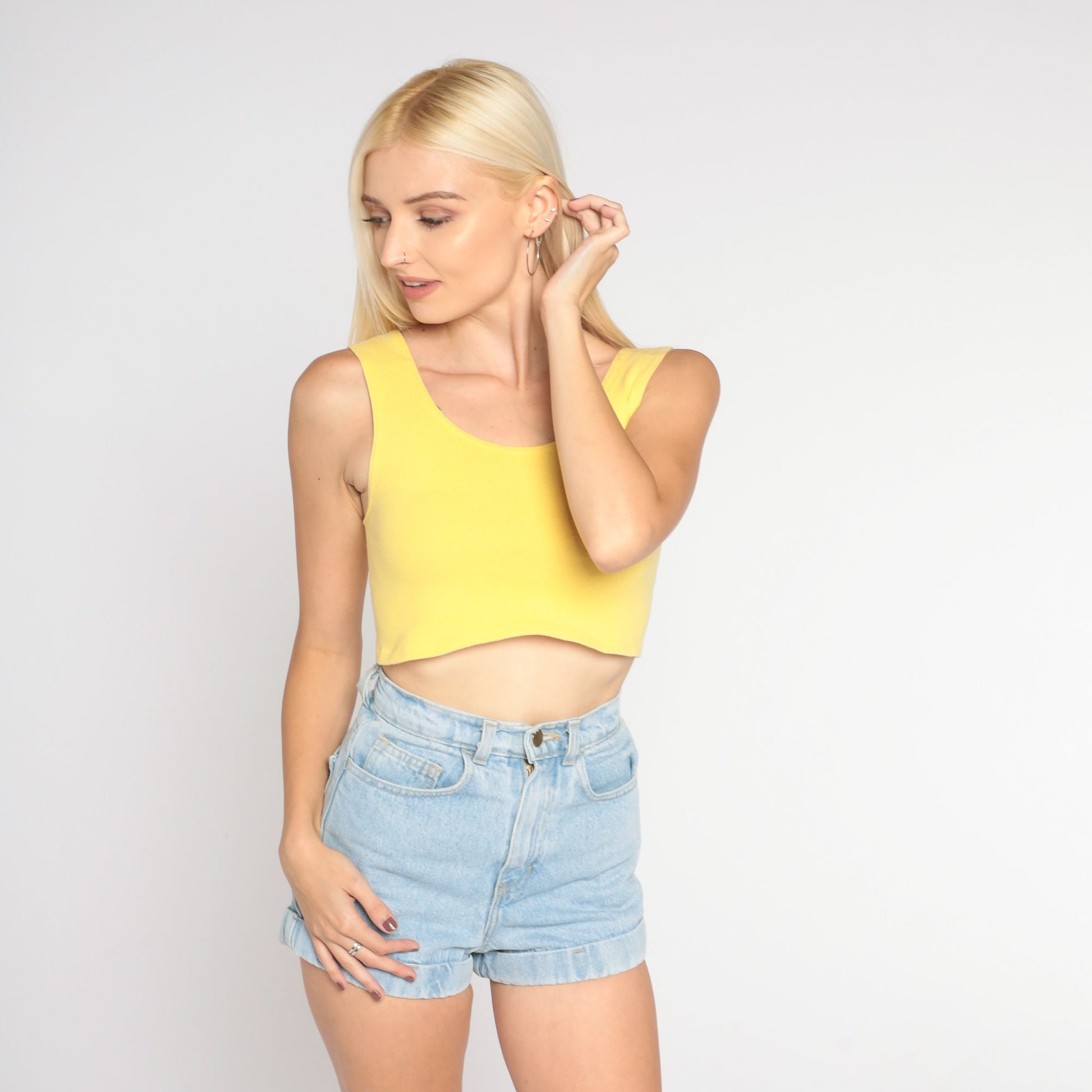 90s Yellow Ribbed Crop Tank Top Sleeveless Small