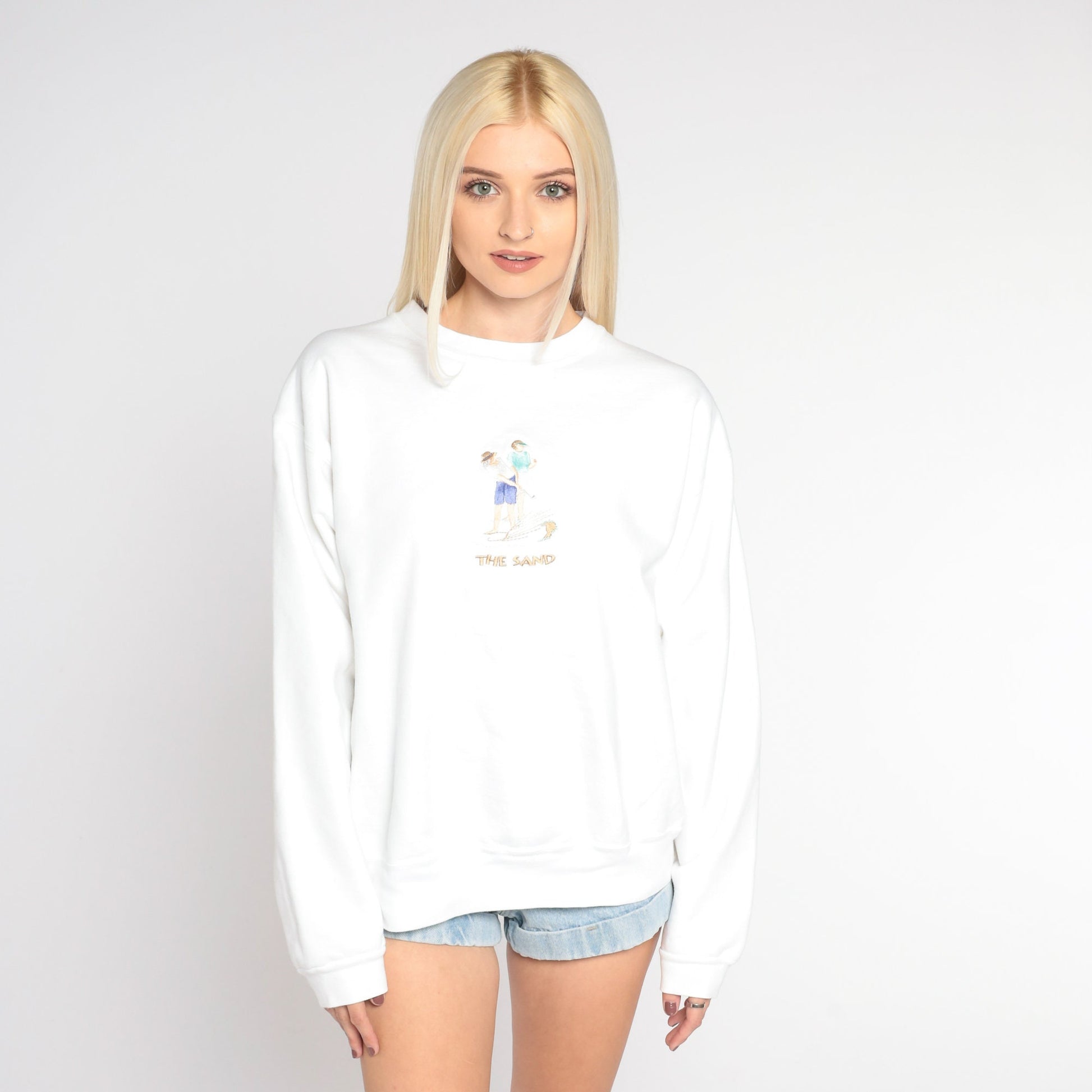 90s Embroidered Golfer Sweatshirt White The Sand Putting Print Crewneck Medium M