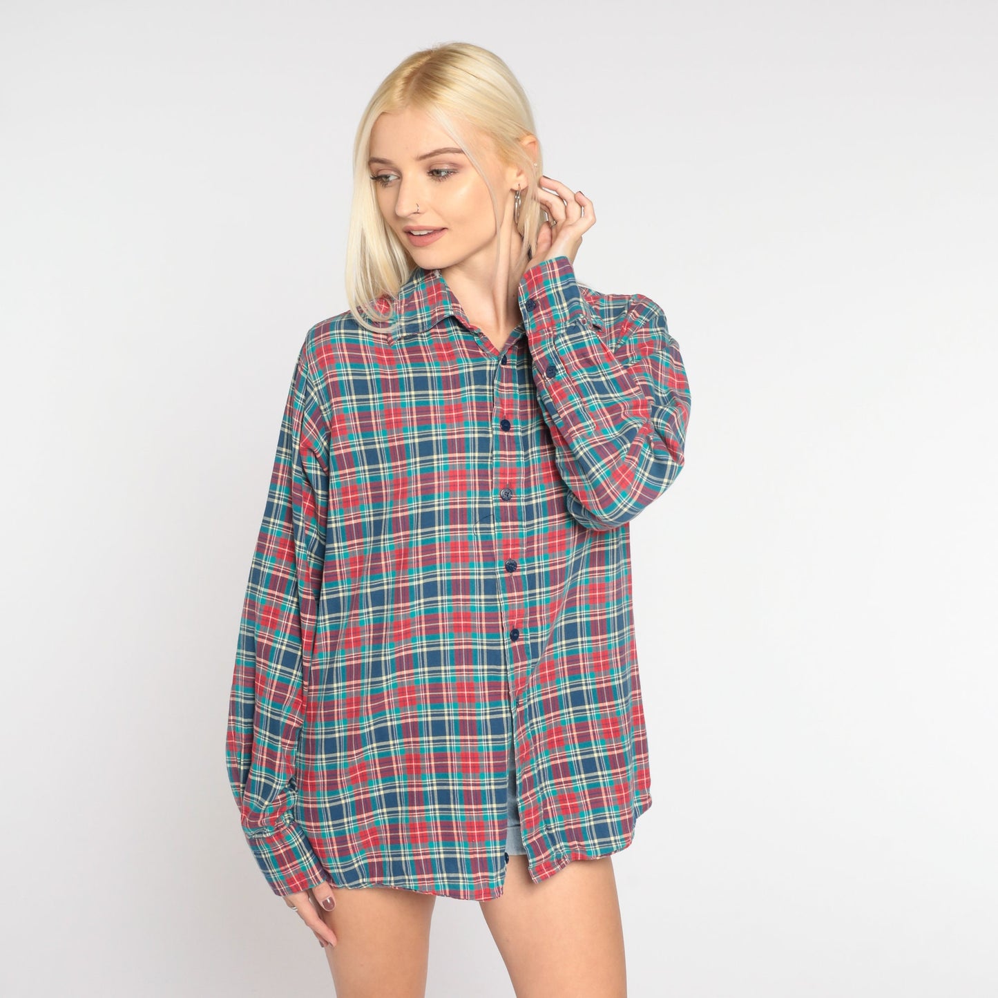 80s Blue Red Plaid Cotton Button-Up Shirt Long Sleeve Collared Small