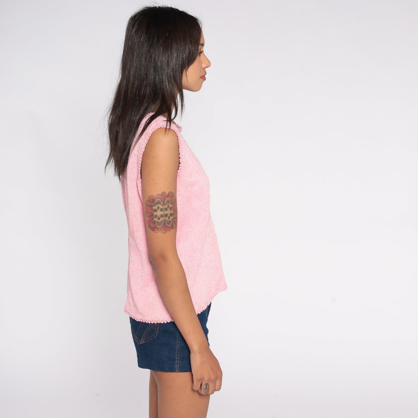 60s Pink Knit Tank Top Scalloped Trim Rear Zipper Large L