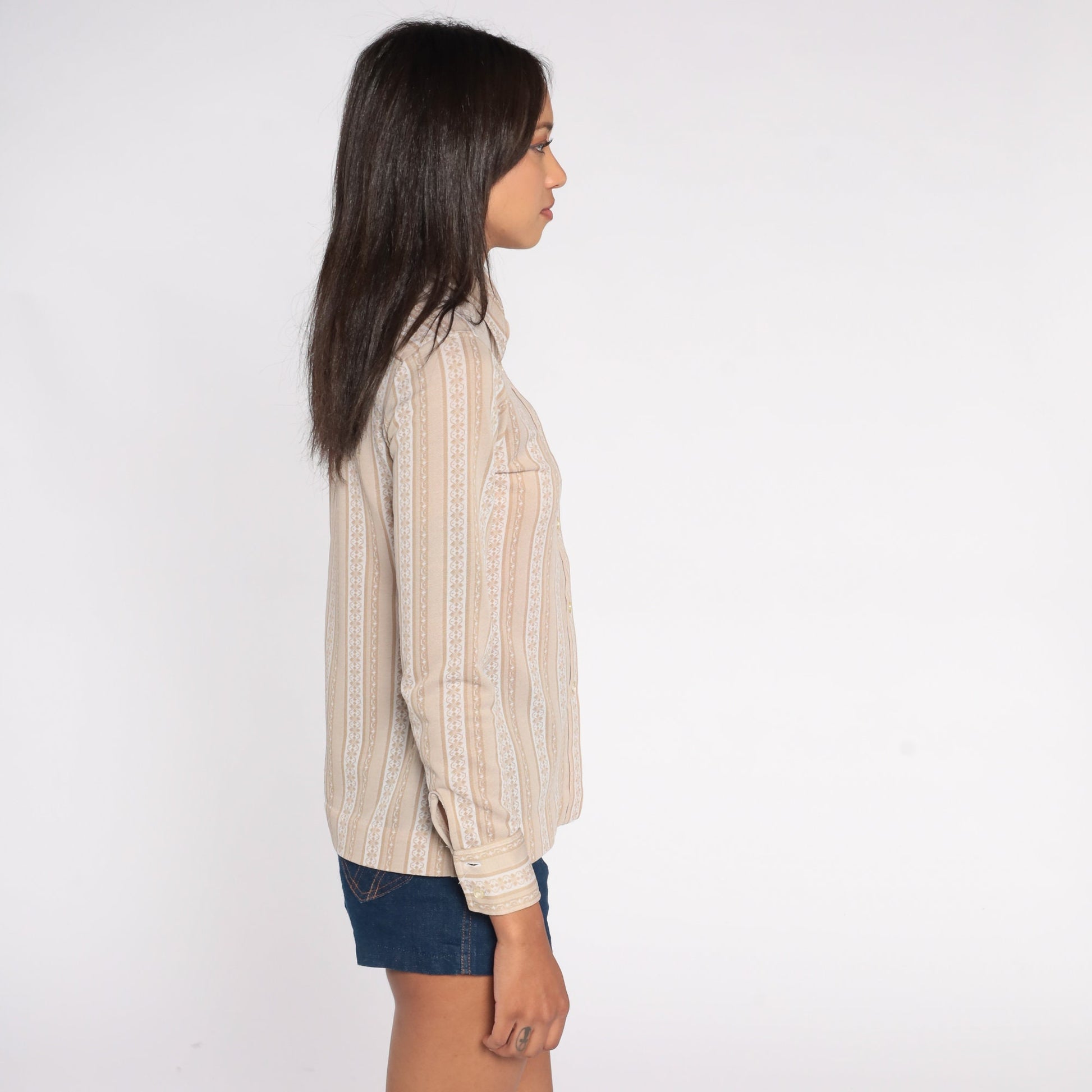 70s Striped Floral Ribbon Print Button-Up Blouse Dagger Collar Tan Small