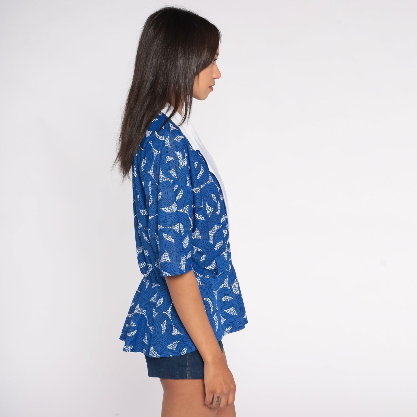 80s Blue Abstract Dot Wave Blouse Contrast Collar Peplum Wrap Shirt Large