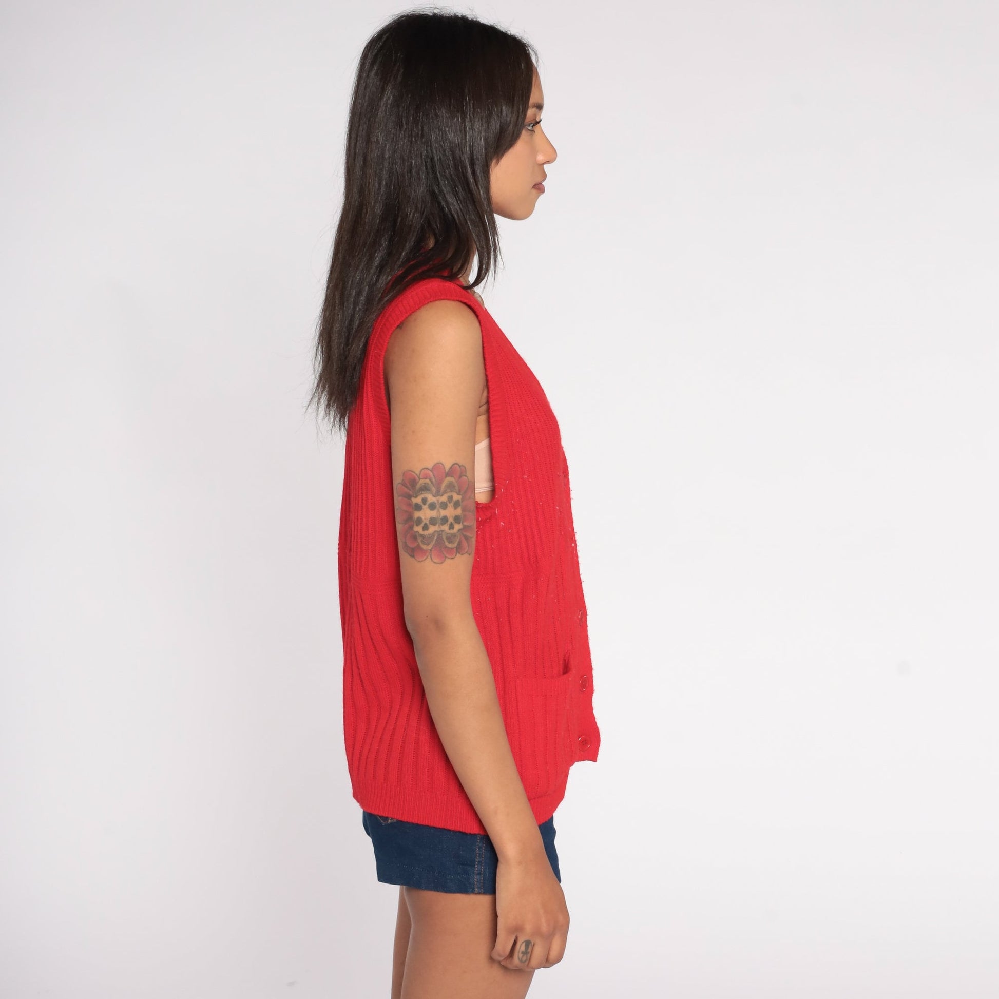 80s Red Ribbed Knit Sweater Vest Button-Up V-Neck Sleeveless Large L
