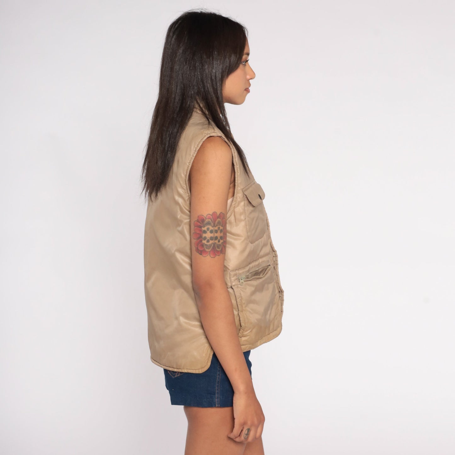 80s Tan Puffer Vest Nylon Snap-Up Sleeveless Jacket Cargo Pockets Medium