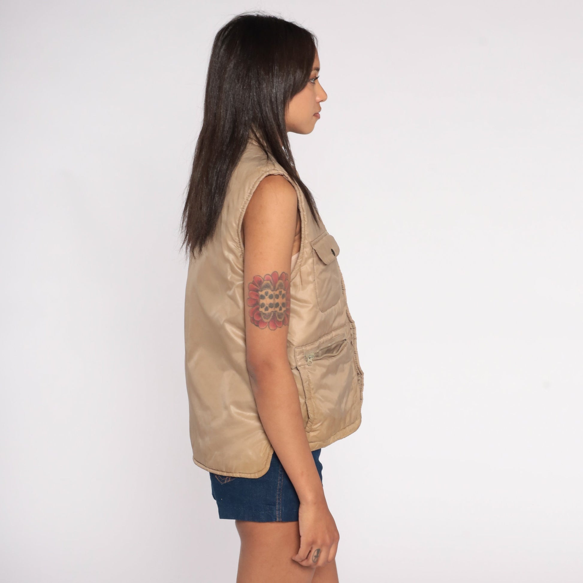 80s Tan Puffer Vest Nylon Snap-Up Sleeveless Jacket Cargo Pockets Medium