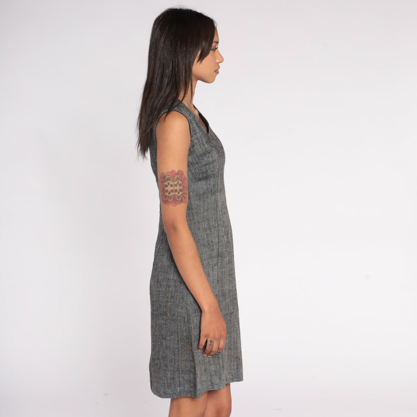 60s Grey Twill Shift Dress V Neck Sleeveless Mini Small S