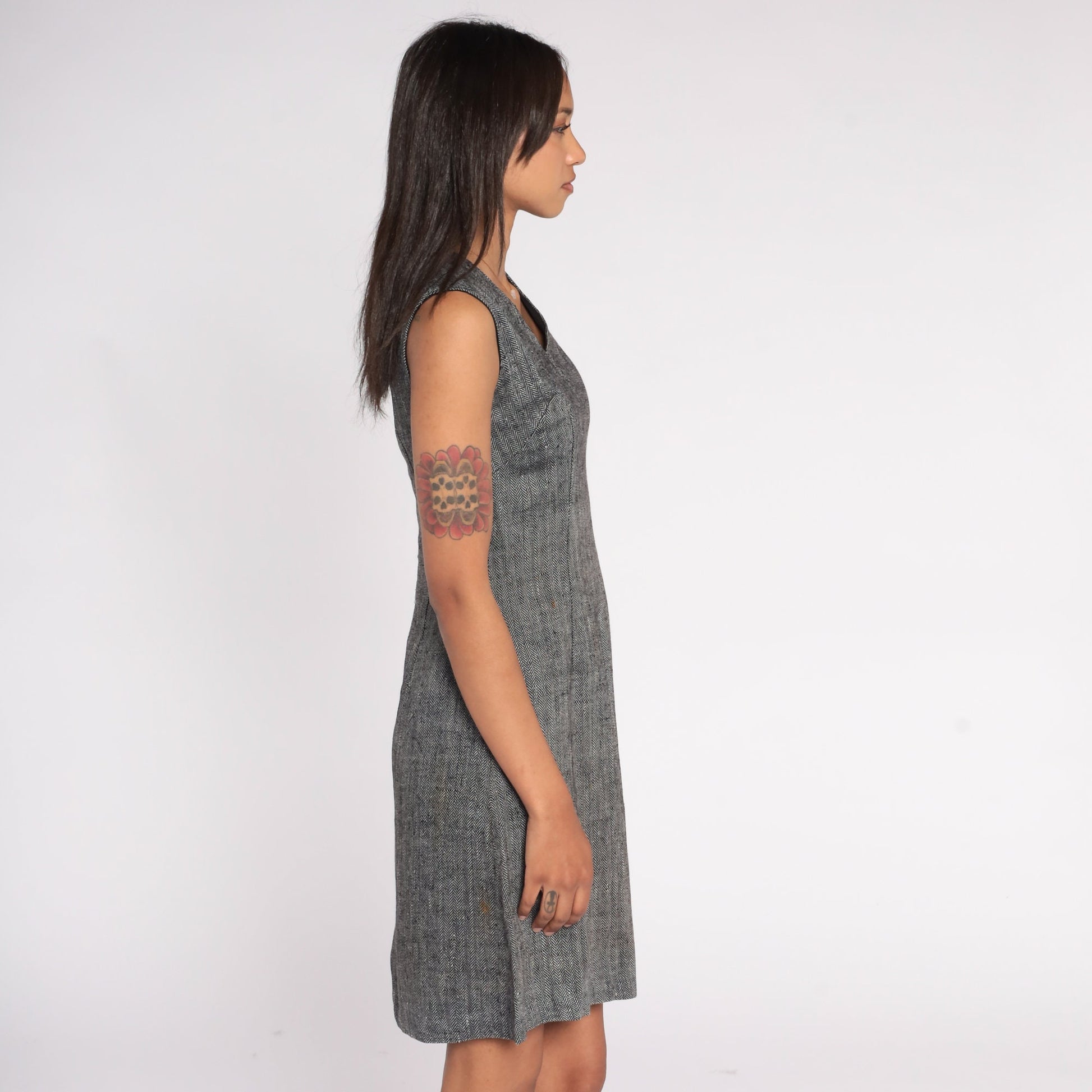 60s Grey Twill Shift Dress V Neck Sleeveless Mini Small S