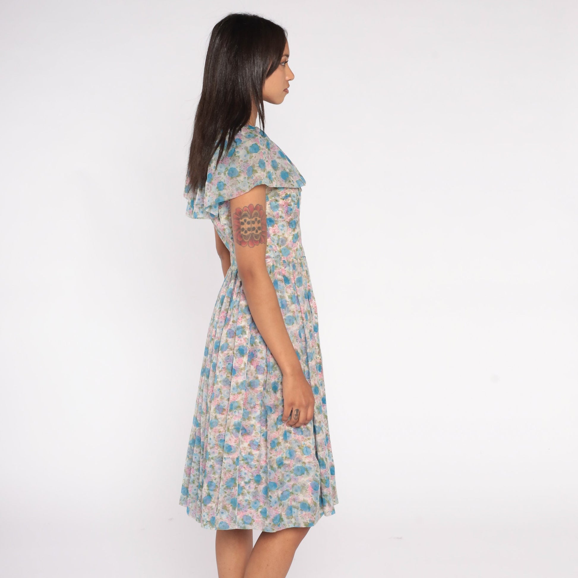 60s Floral Chiffon Midi Dress Ruffle Neckline High Waist Blue Pink Rose Small