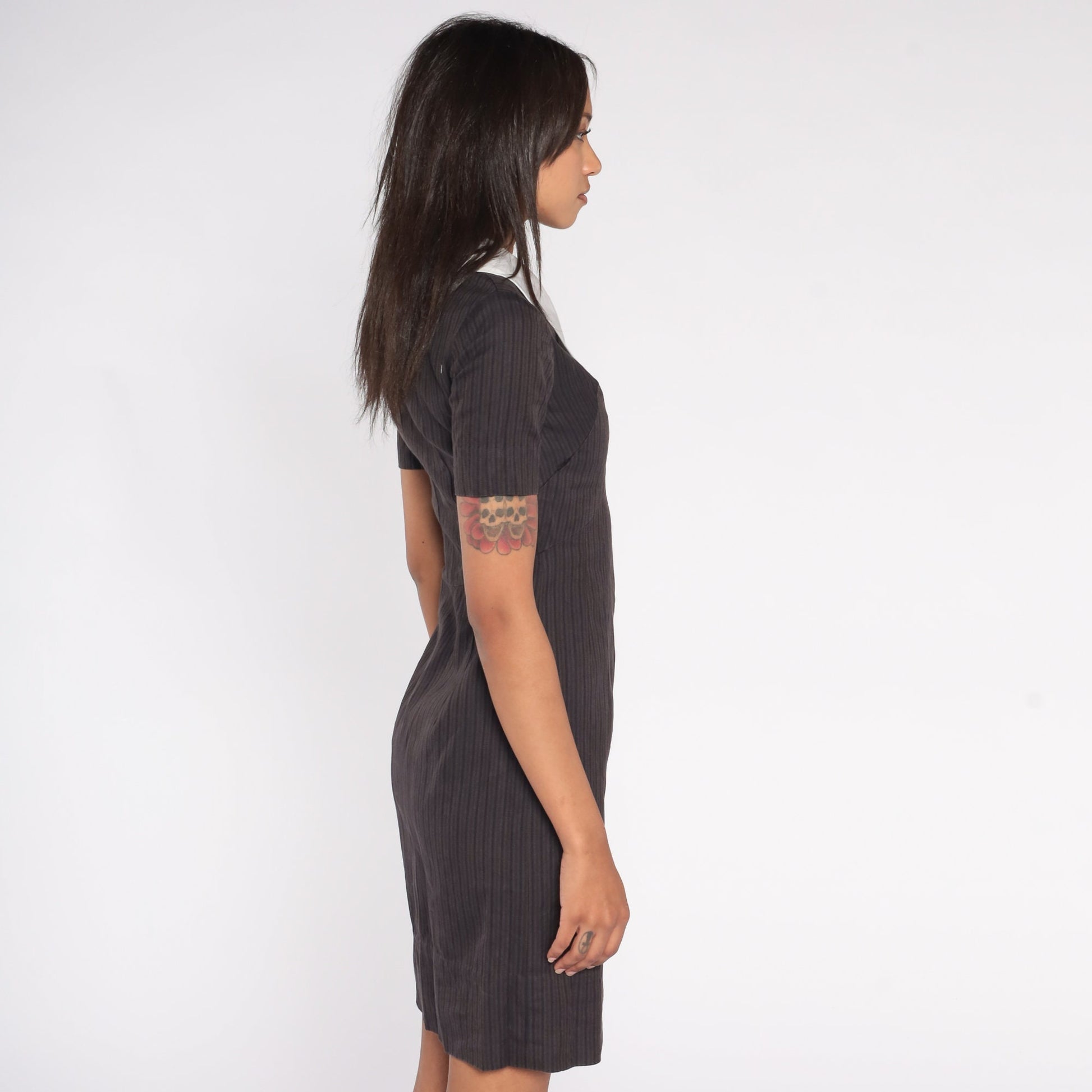 1940s Striped Sheath Dress Black Brown White Collar Empire Waist Mini XS
