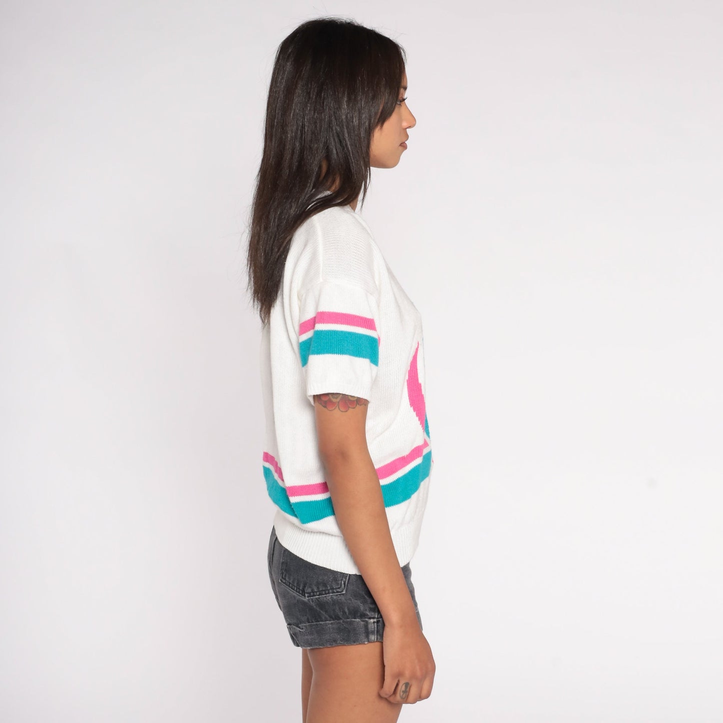 80s Sailboat Nautical Knit Sweater White Pink Blue Cutout Short Sleeve Small S