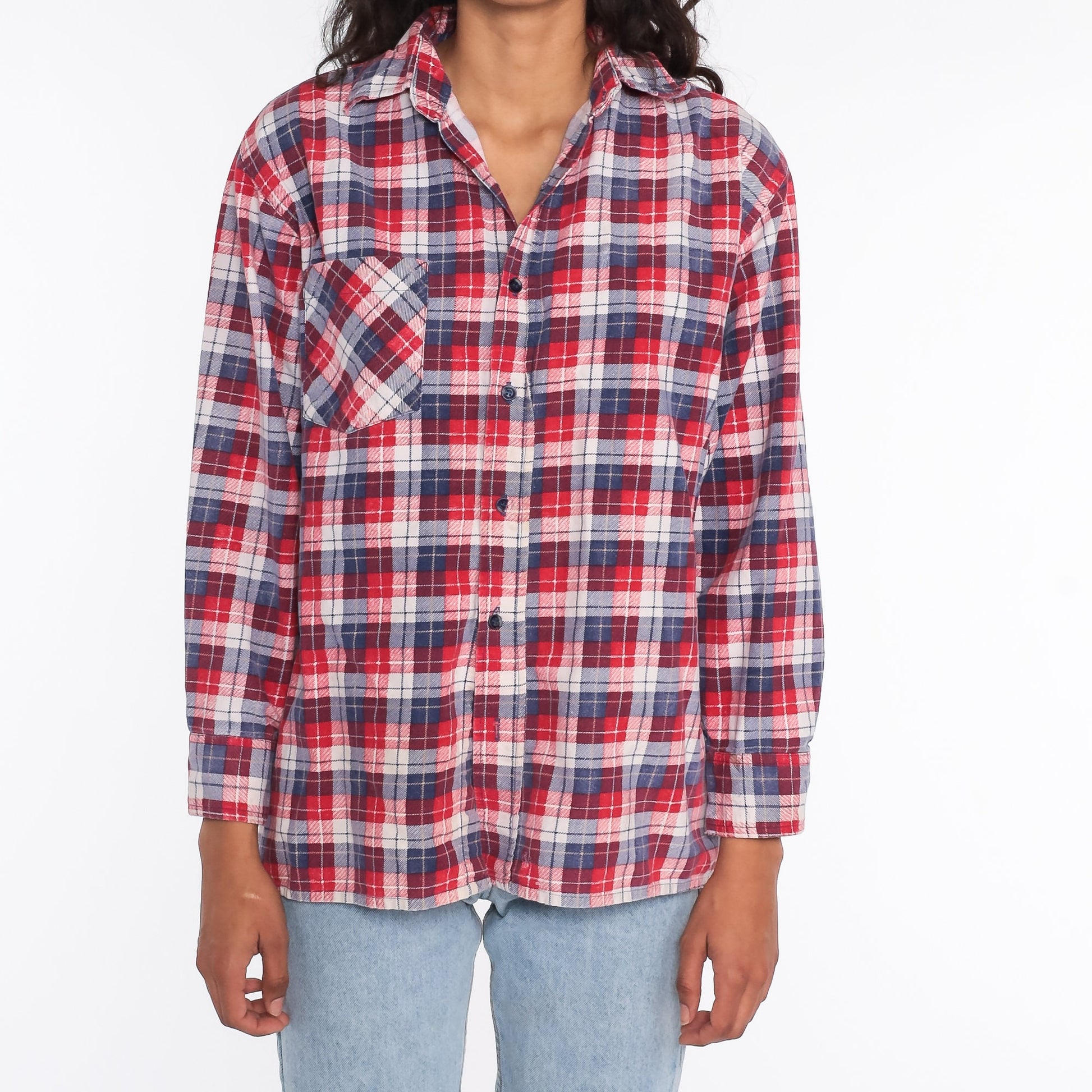 90s Red Blue Plaid Flannel Shirt Cotton Button Up Medium