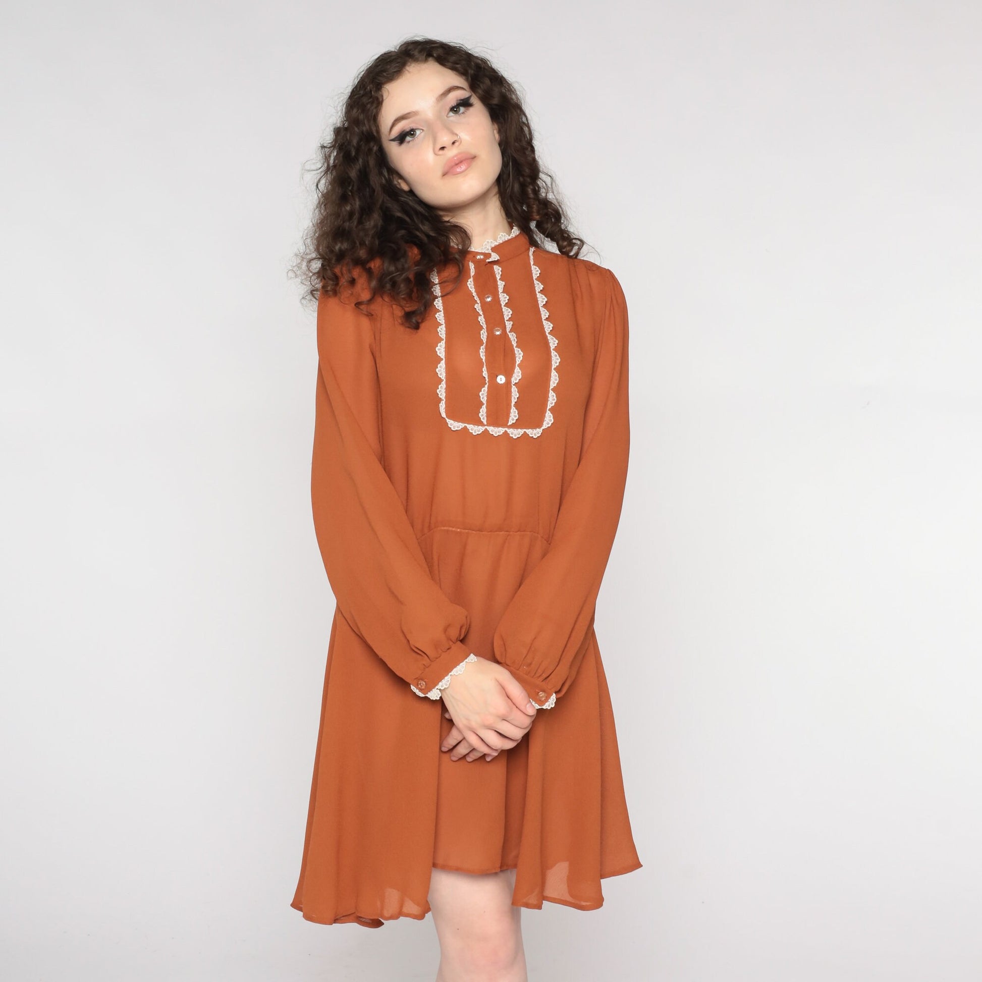 70s Brown Lace Bib Mini Dress Button-Up Long Sleeve Medium