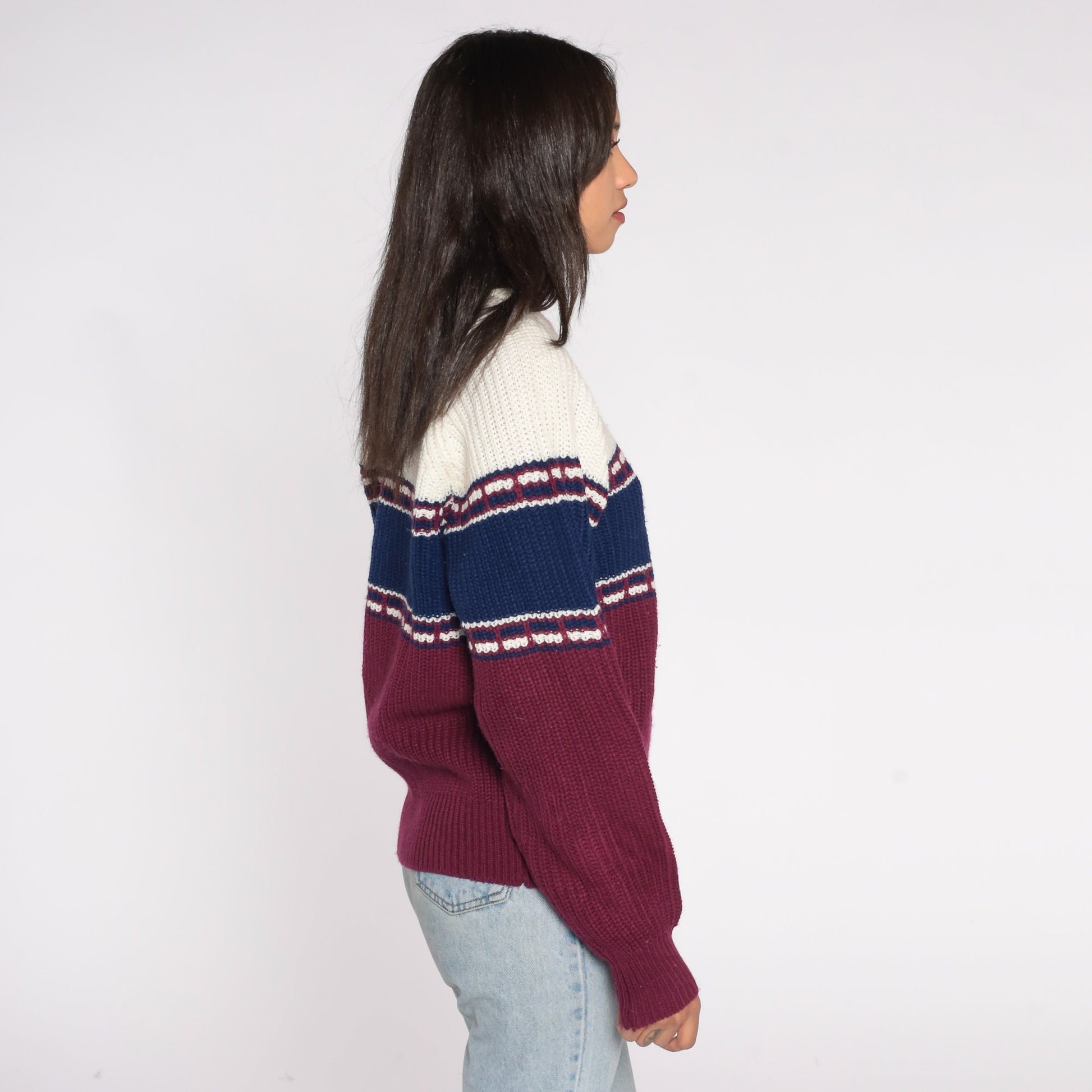 80s St. Johns Bay Colour Block Striped Raglan Sweater Purple Blue White Medium