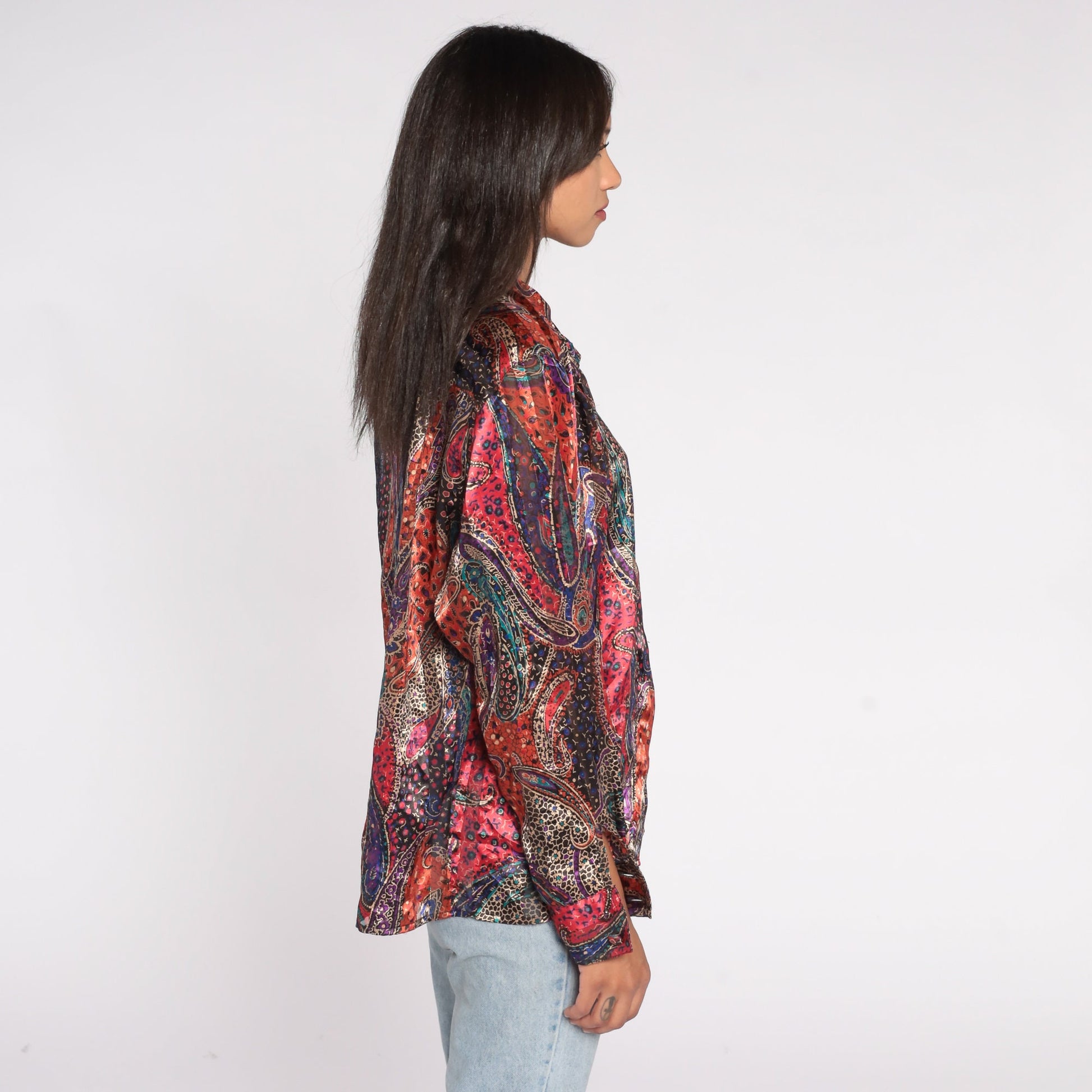 80s Paisley Button-Up Blouse Metallic Stripes Long Sleeve Shirt Size 14