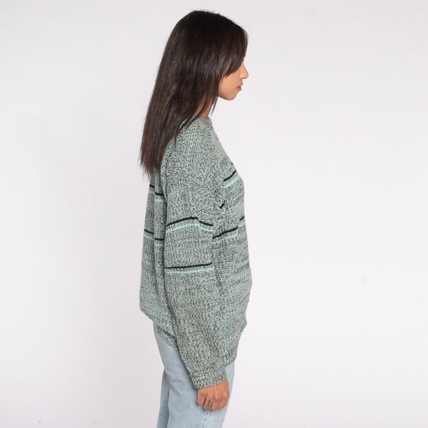 80s Flecked Striped Knit Sweater Navy Aqua Pullover Large L