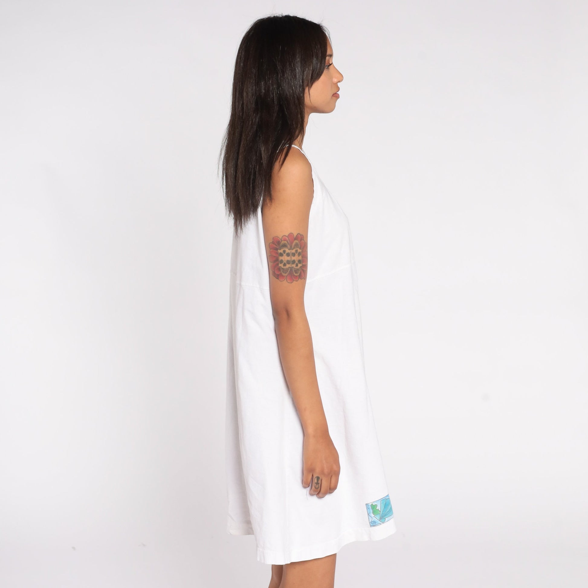 90s Tropical Fish Seashell Tank Dress White Cotton Empire Waist Large