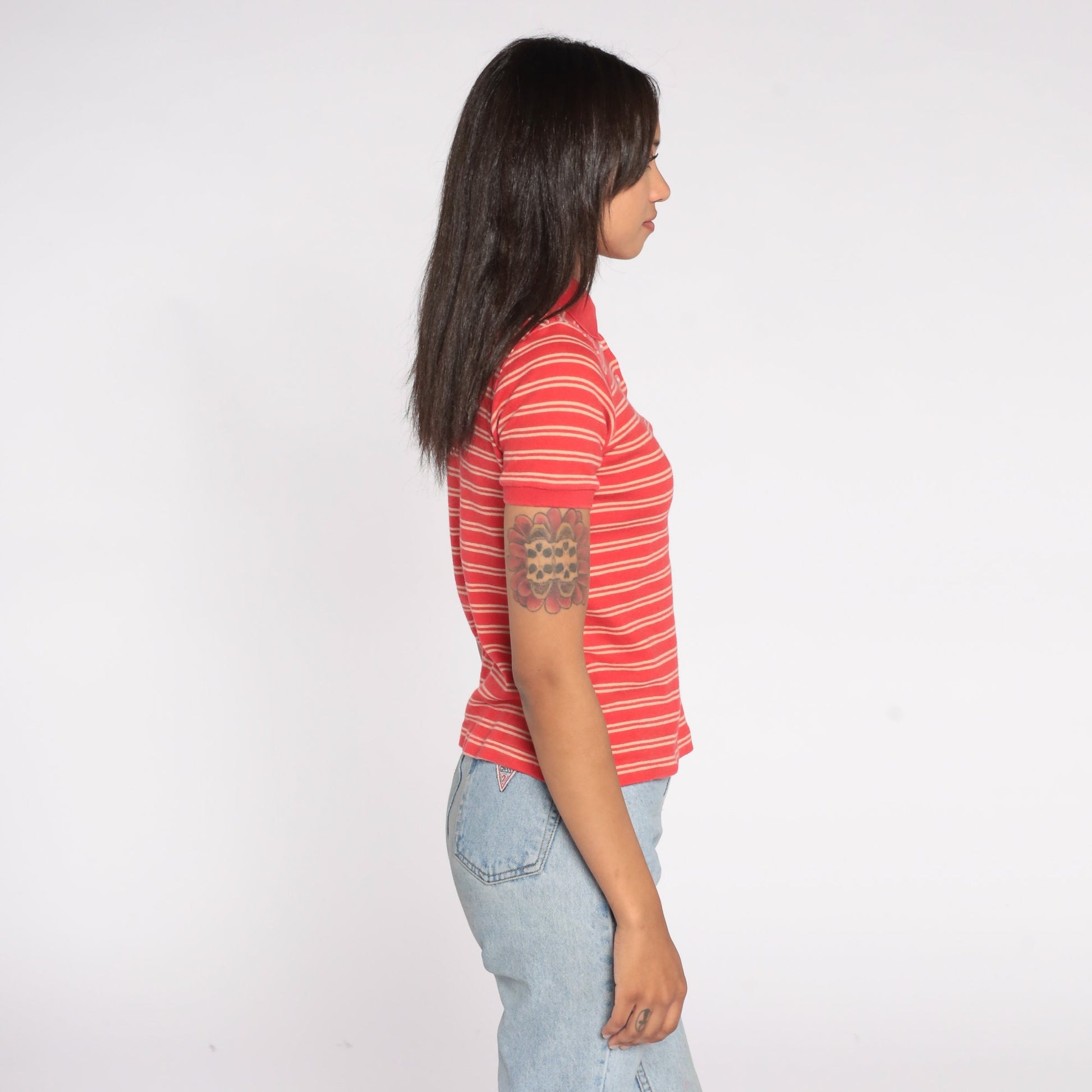 90s Polo Shirt Red Tan Striped Horse Crest Cotton Small S