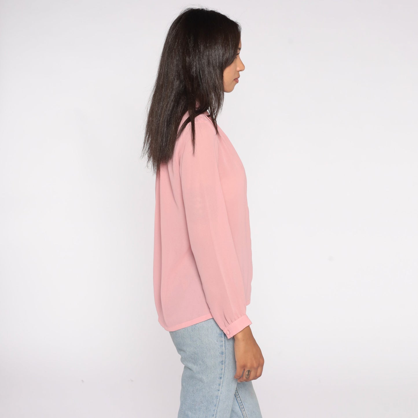 80s Pink Chiffon Blouse Long Sleeve Button Up Sheer Shirt Small