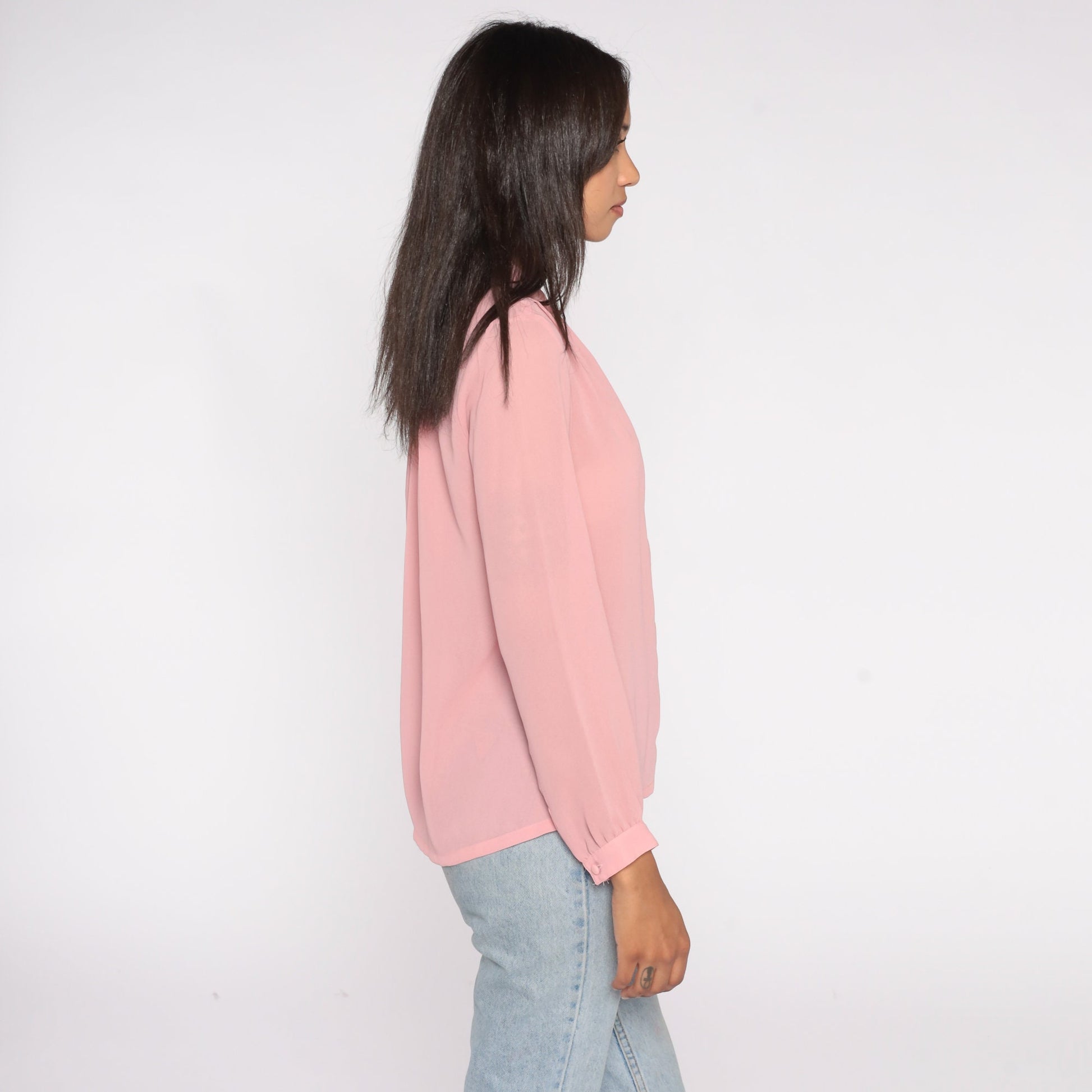 80s Pink Chiffon Blouse Long Sleeve Button Up Sheer Shirt Small