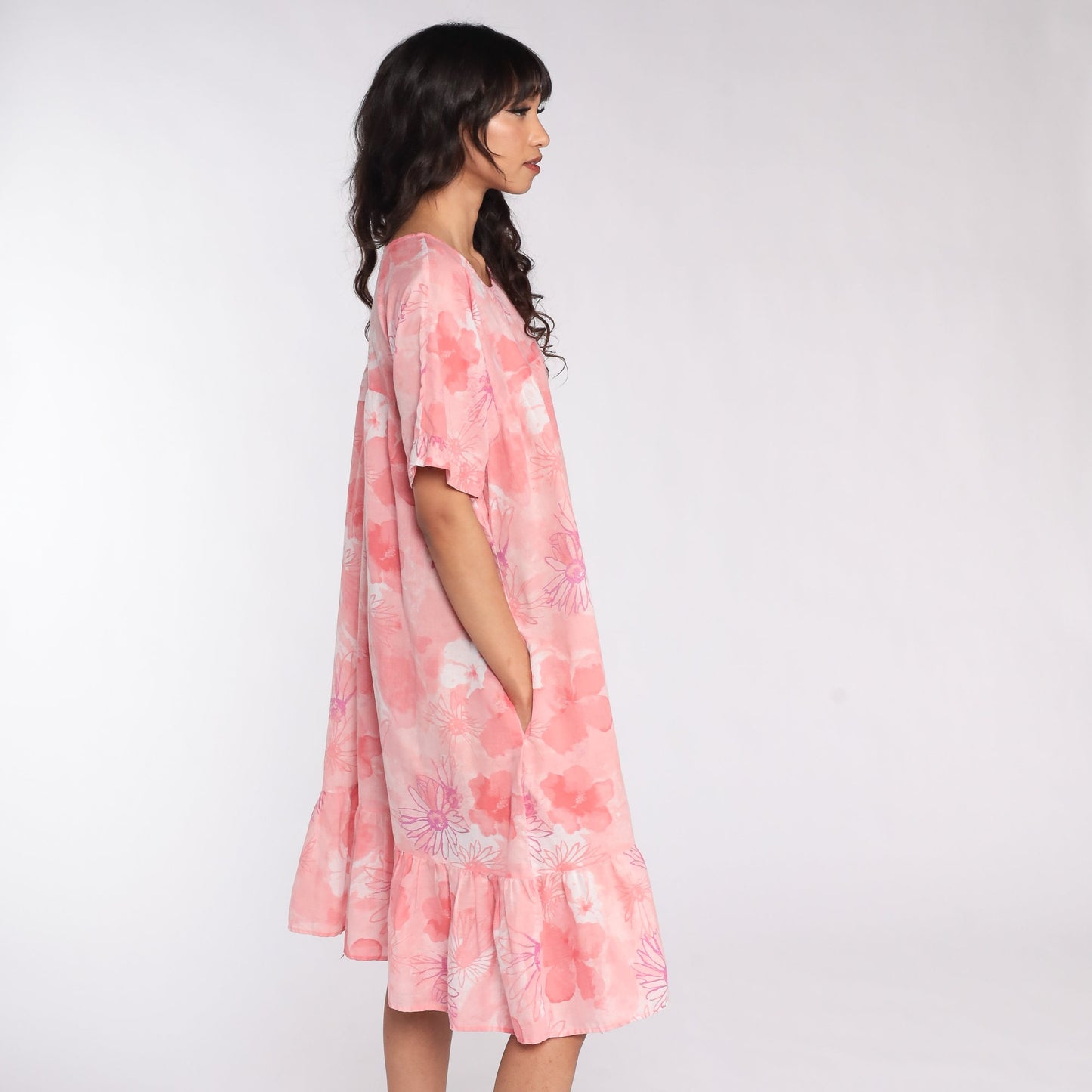 80s Floral Midi Dress Pink Tent Cut Short Sleeve Extra Large