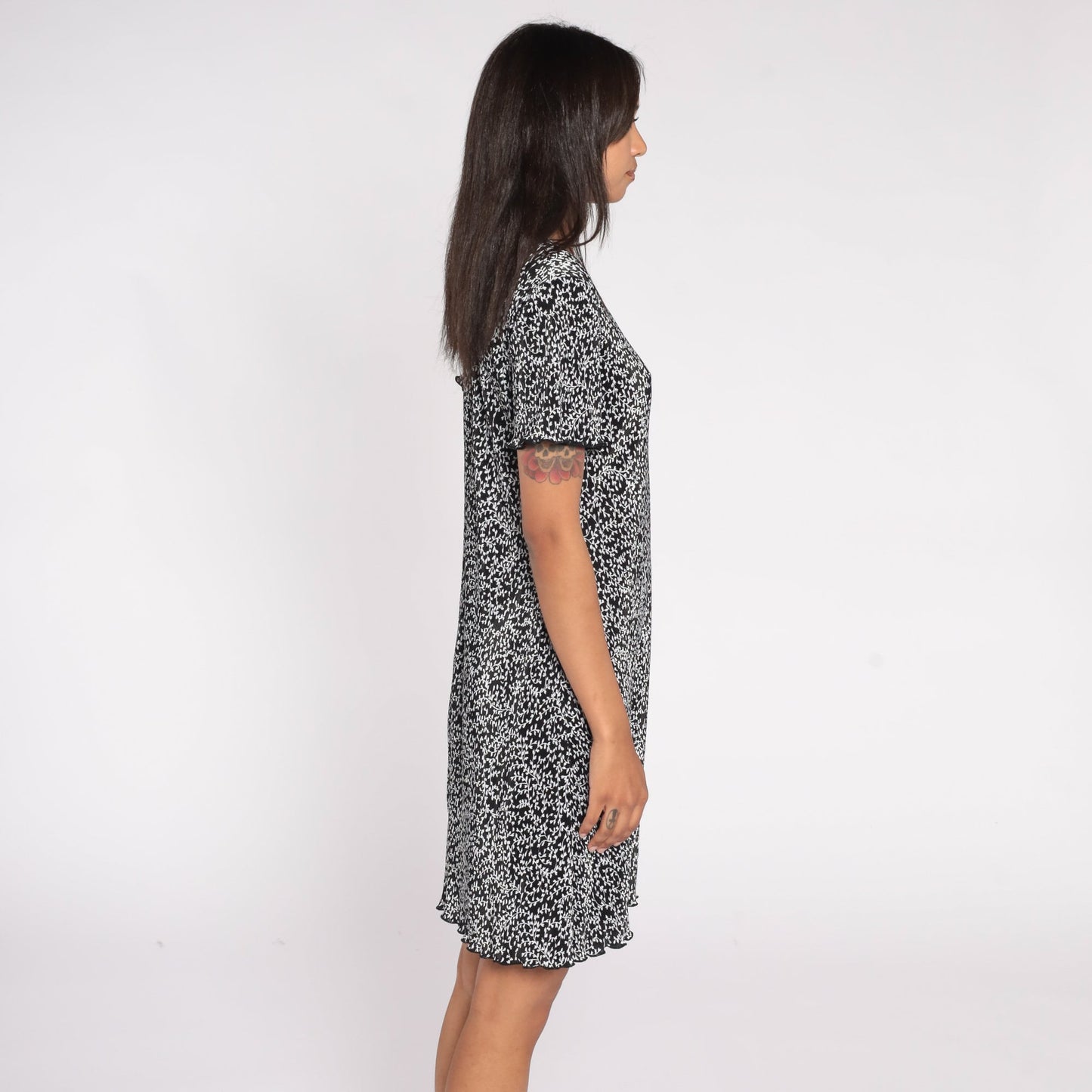 90s Black White Vine Print Mini Dress Shift Short Sleeve Medium