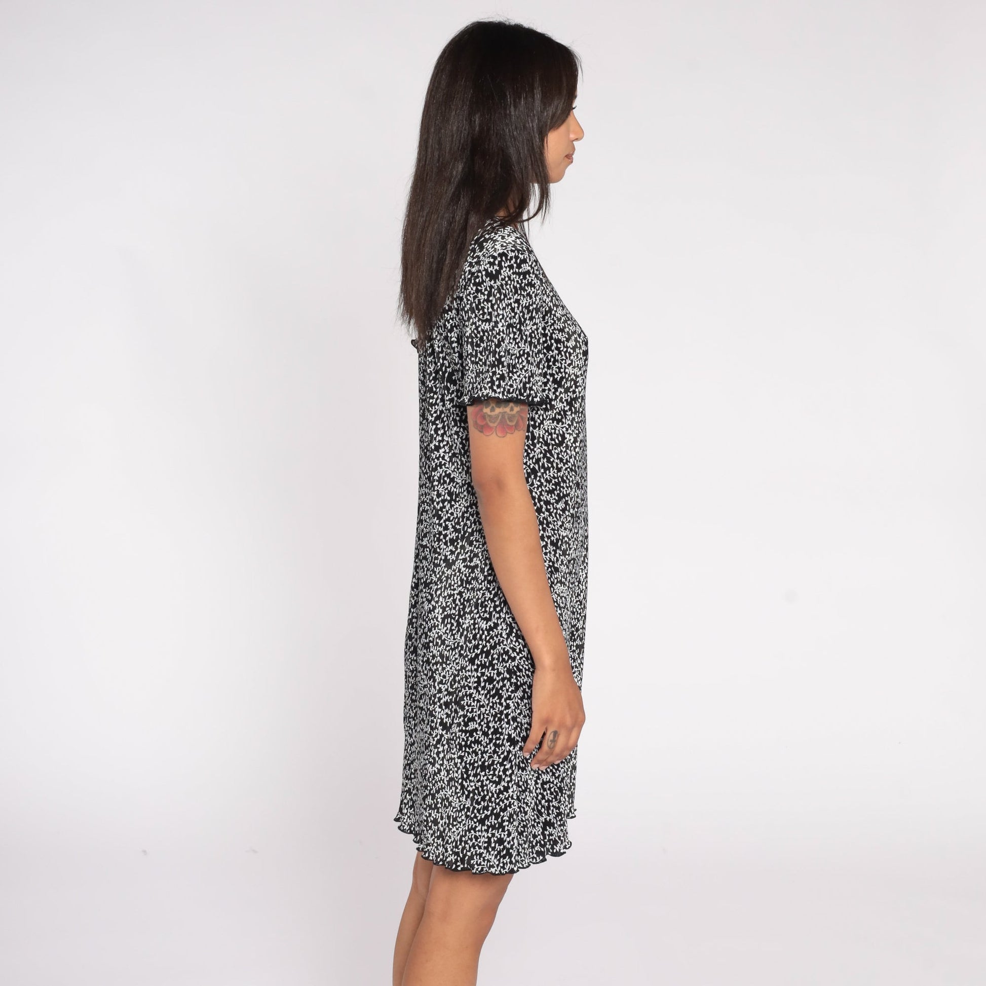 90s Black White Vine Print Mini Dress Shift Short Sleeve Medium