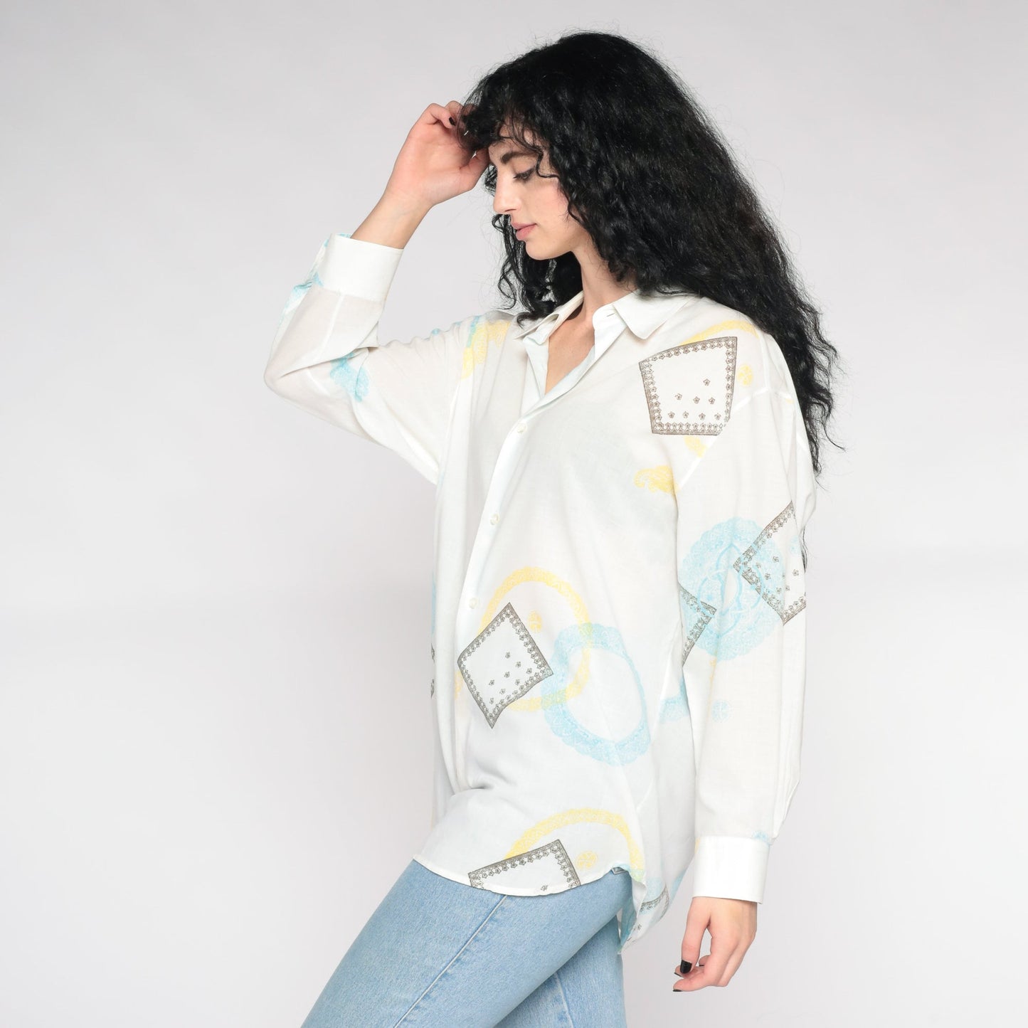 Y2K Geometric Button-Up Shirt White Pointed Collar 00s Long Sleeve Extra Large