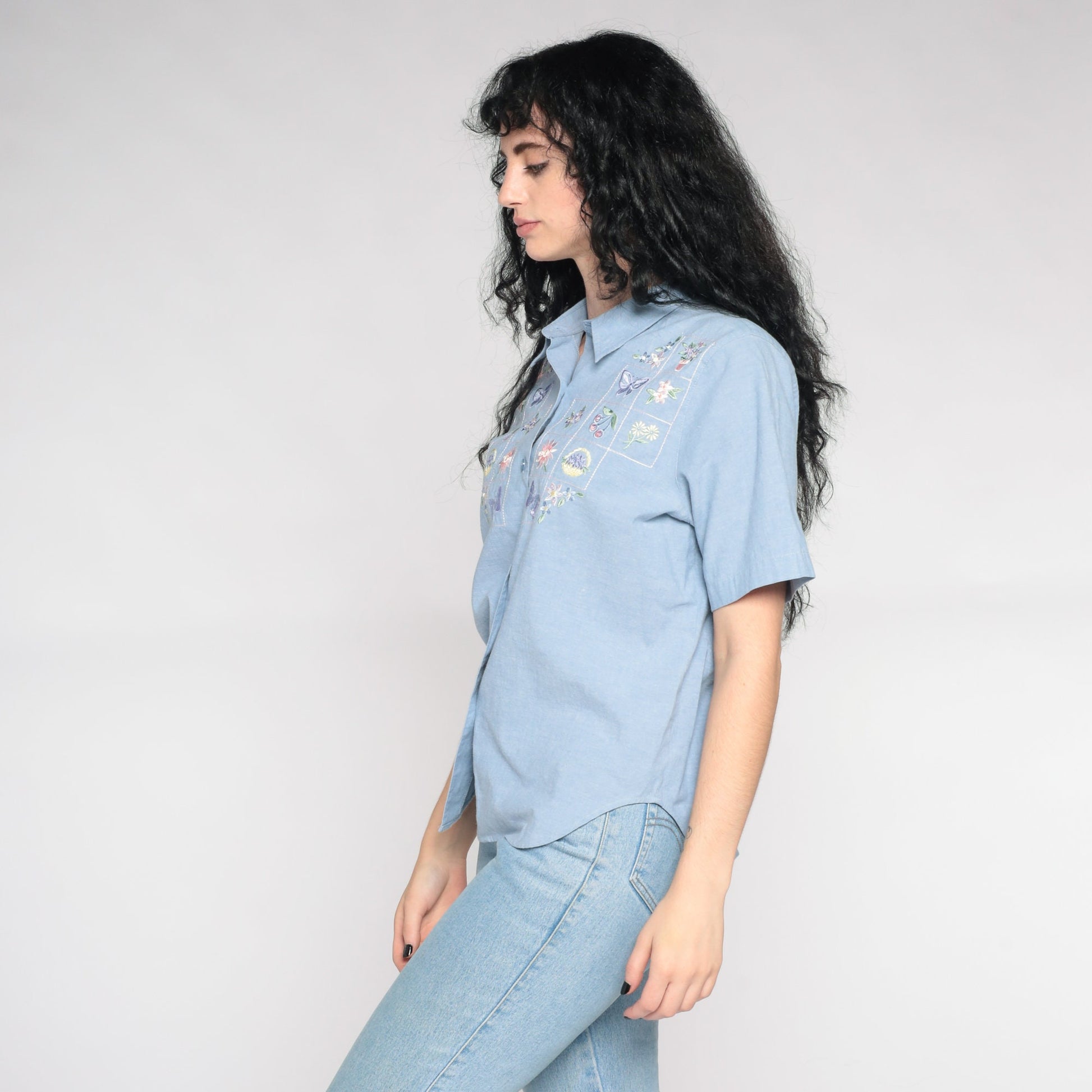 90s Alfred Dunner Blue Embroidered Floral Button Up Shirt Large L