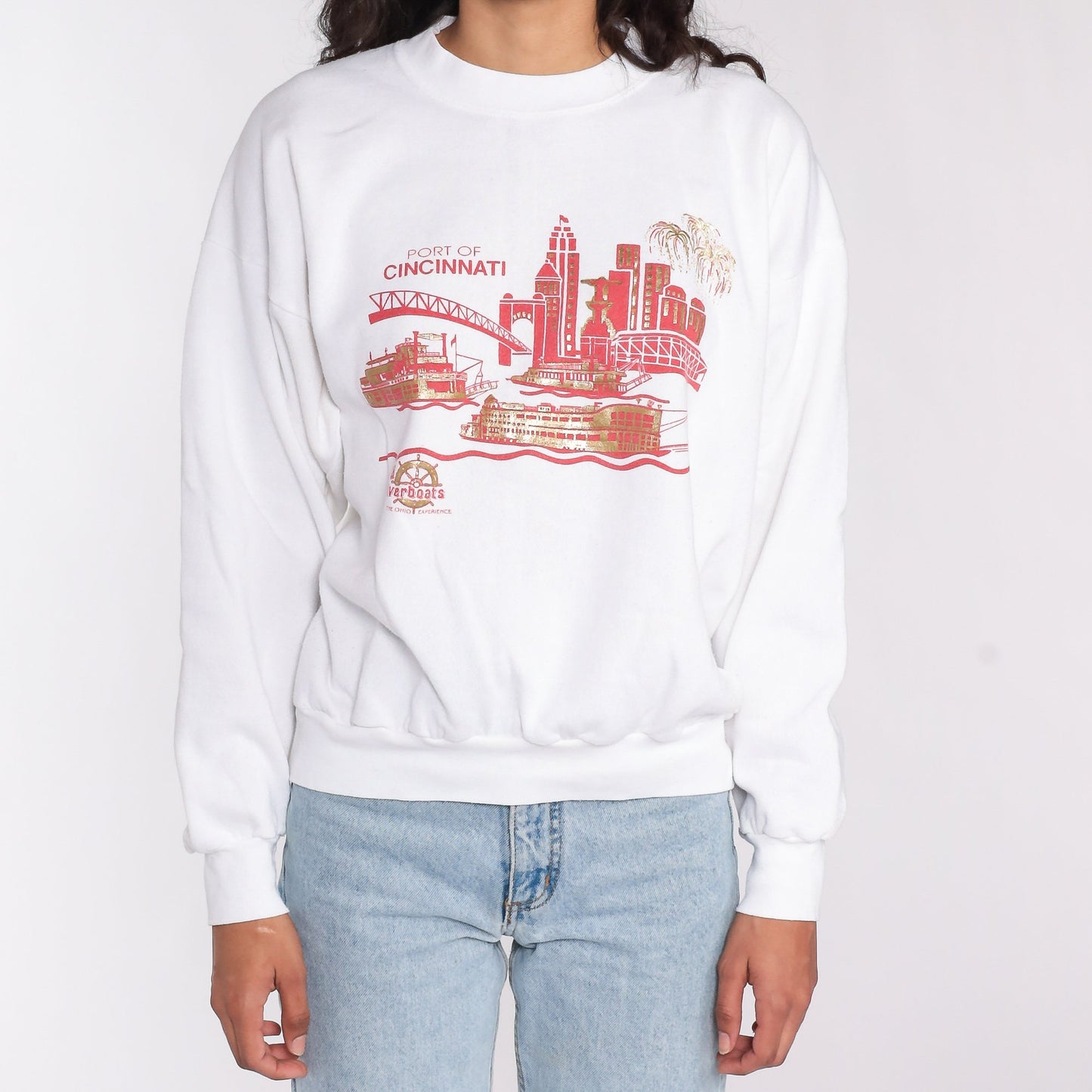 80s Port of Cincinnati BB Riverboats Graphic Sweatshirt Cityscape Large