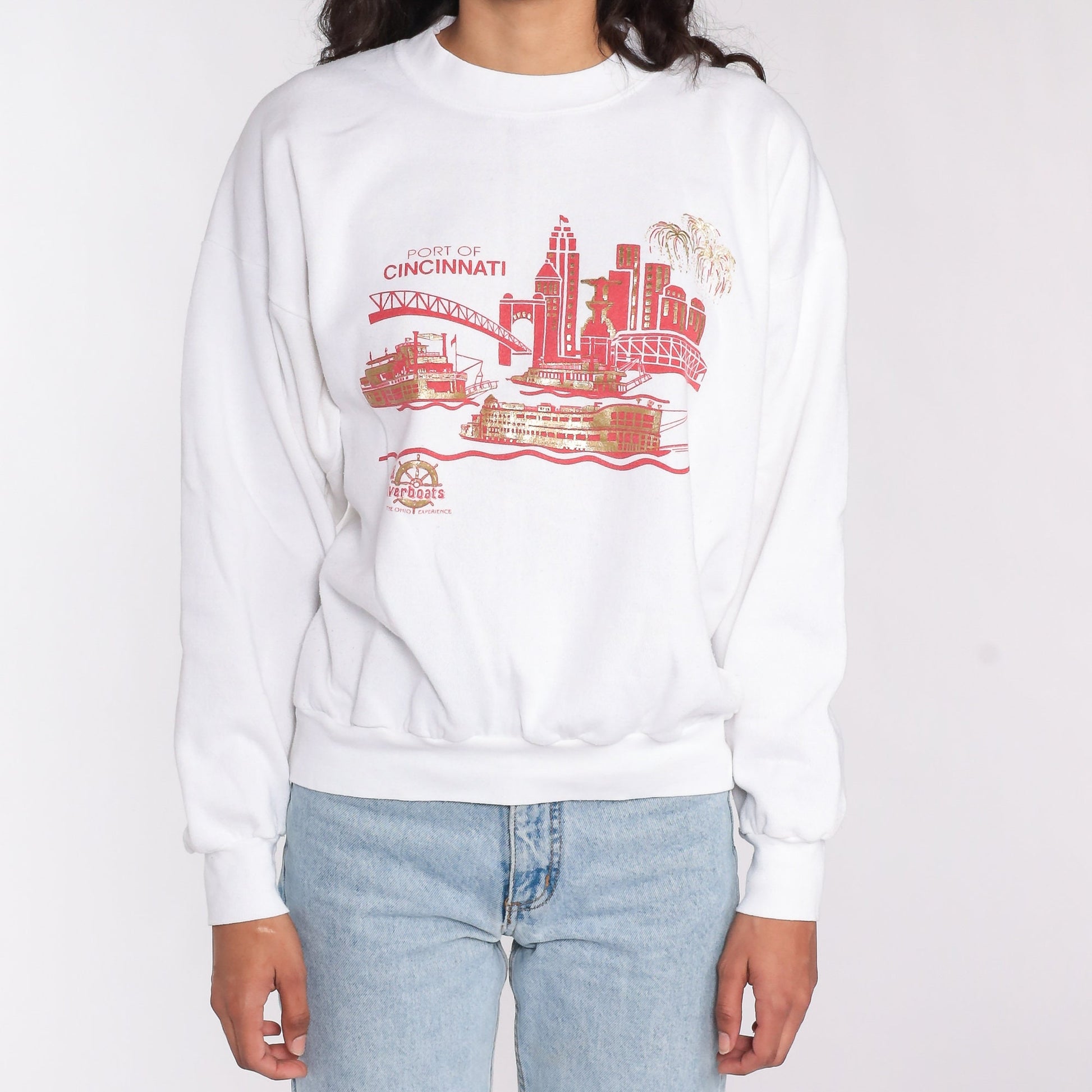 80s Port of Cincinnati BB Riverboats Graphic Sweatshirt Cityscape Large