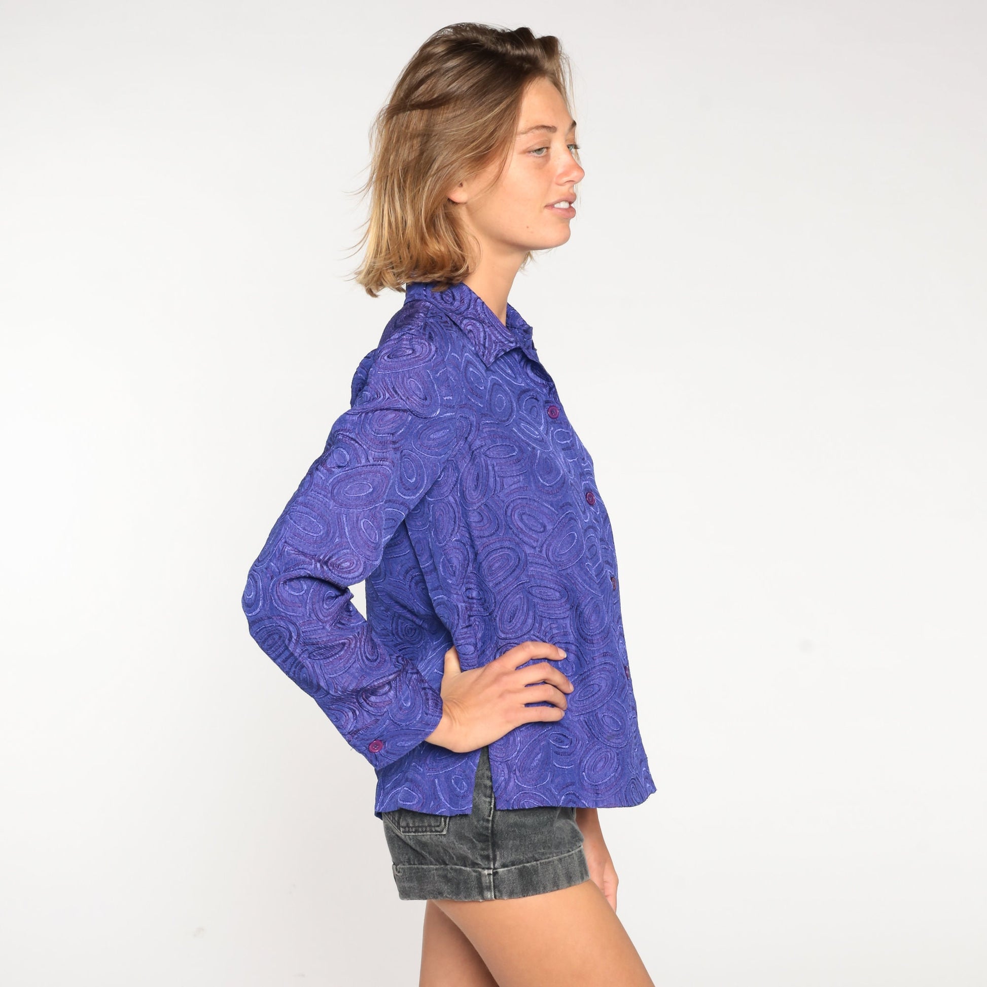 90s Purple Abstract Swirl Blouse Button Up Long Sleeve Collared Small