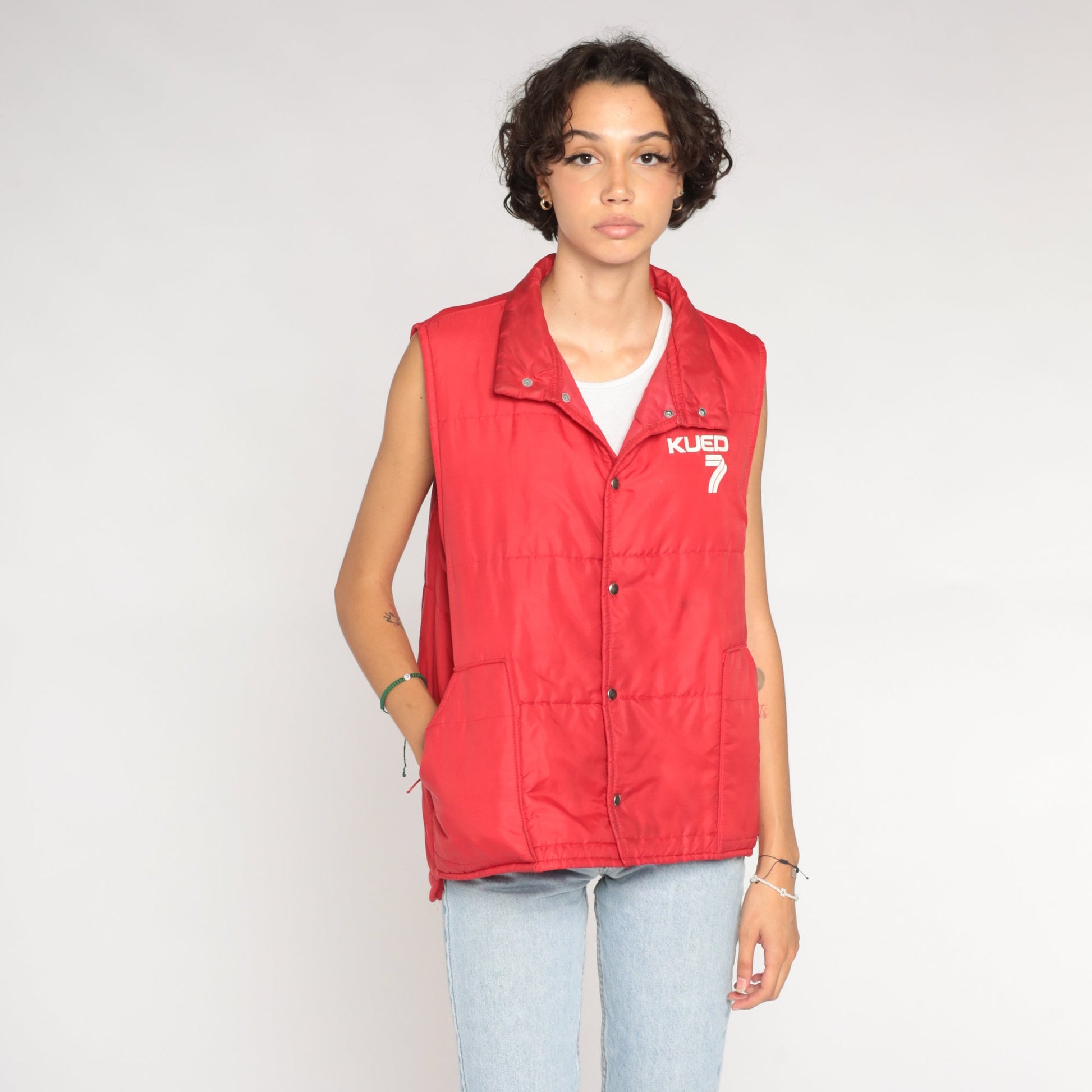 80s KUED 7 PBS Utah Red Puffer Vest Snap Front Skiwear Large