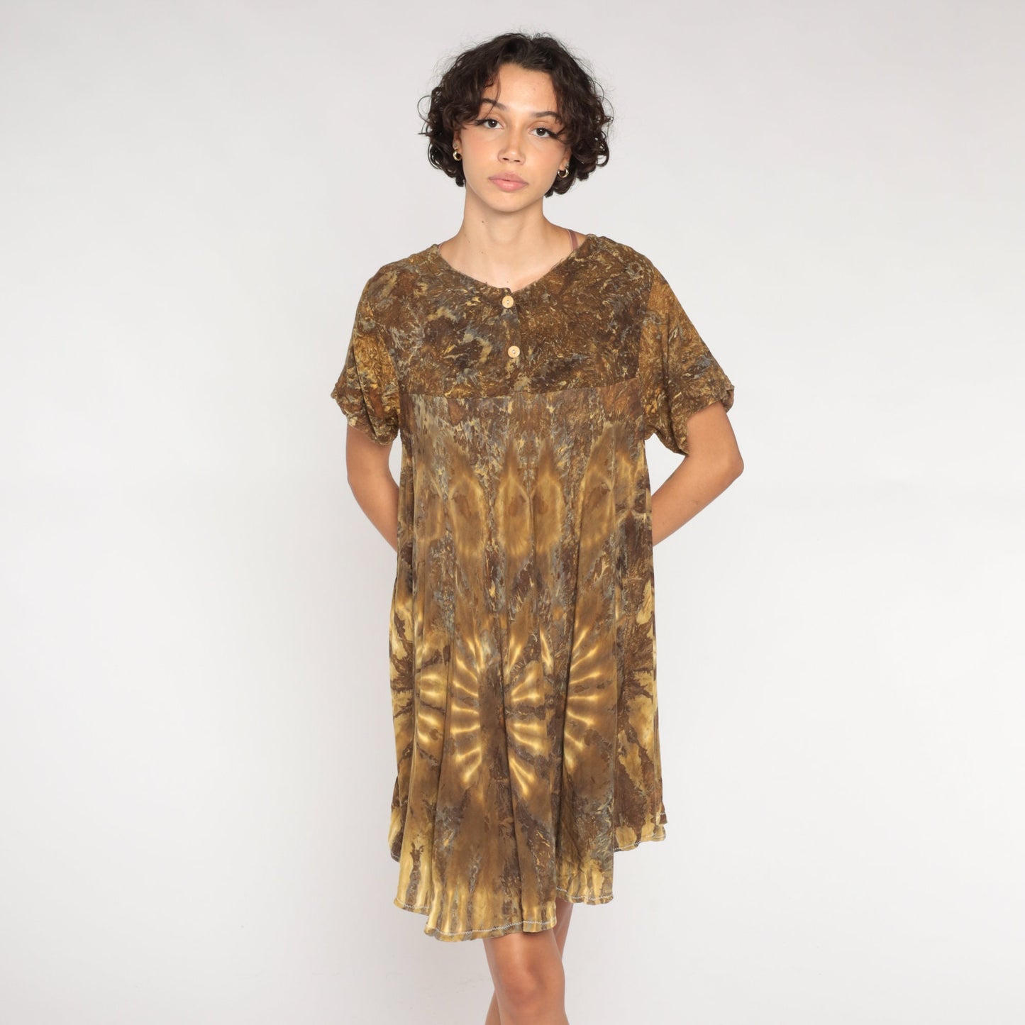 90s Tie Dye Mini Dress Brown Tent Cut Empire Waist Rayon Large